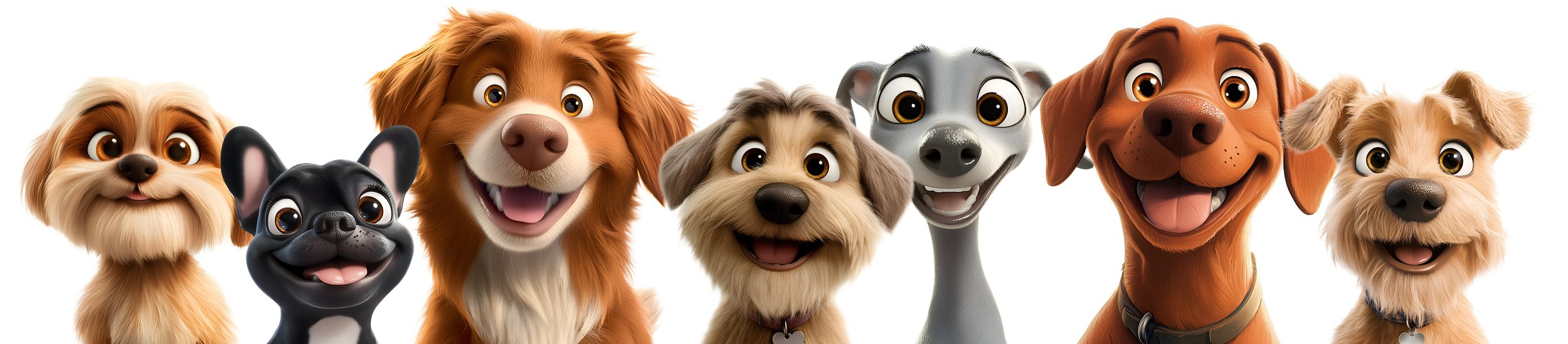 Group of seven animated dogs with different breeds and fur colors, smiling and looking forward against a white background.