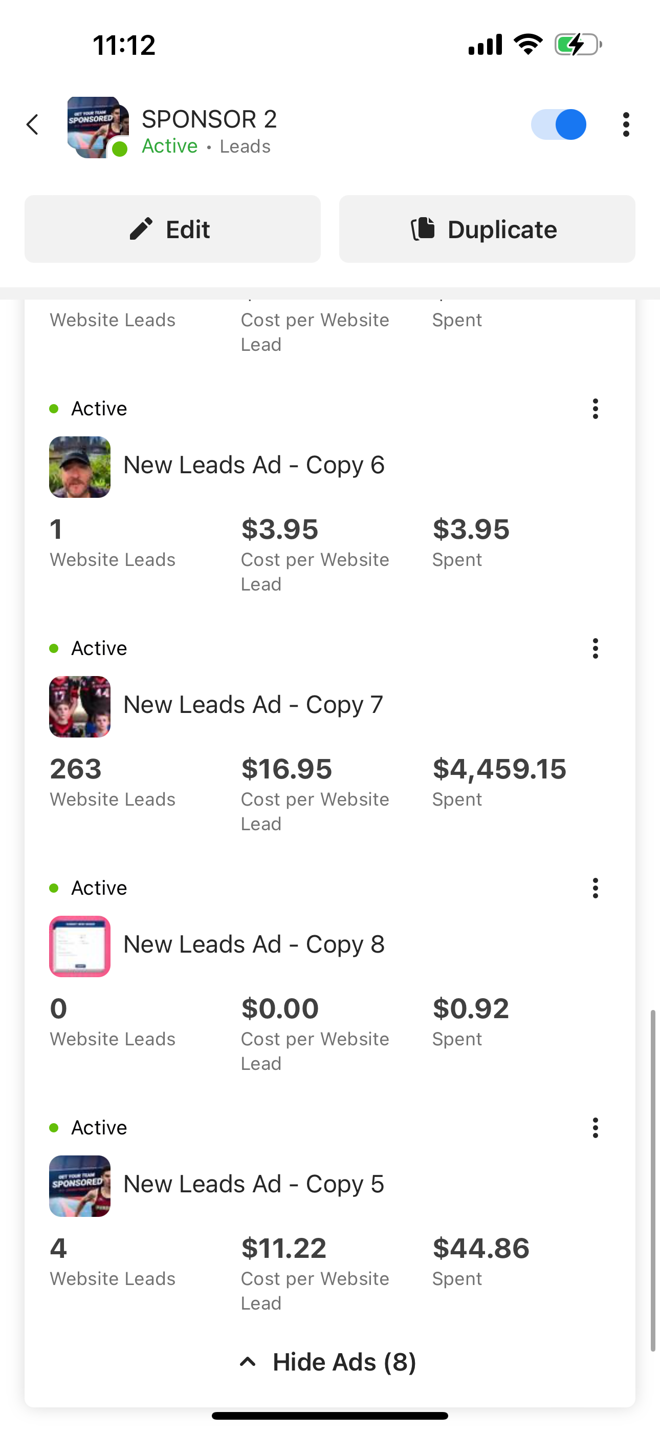 Meta Ads Manager campaign proof screenshot