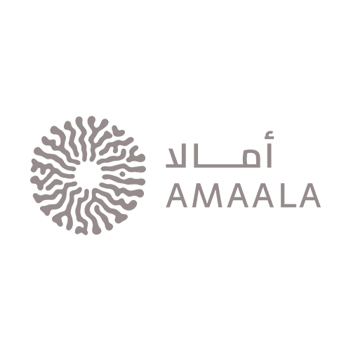 A logo featuring a circular, abstract design next to the Arabic and English text 'AMAALA'.