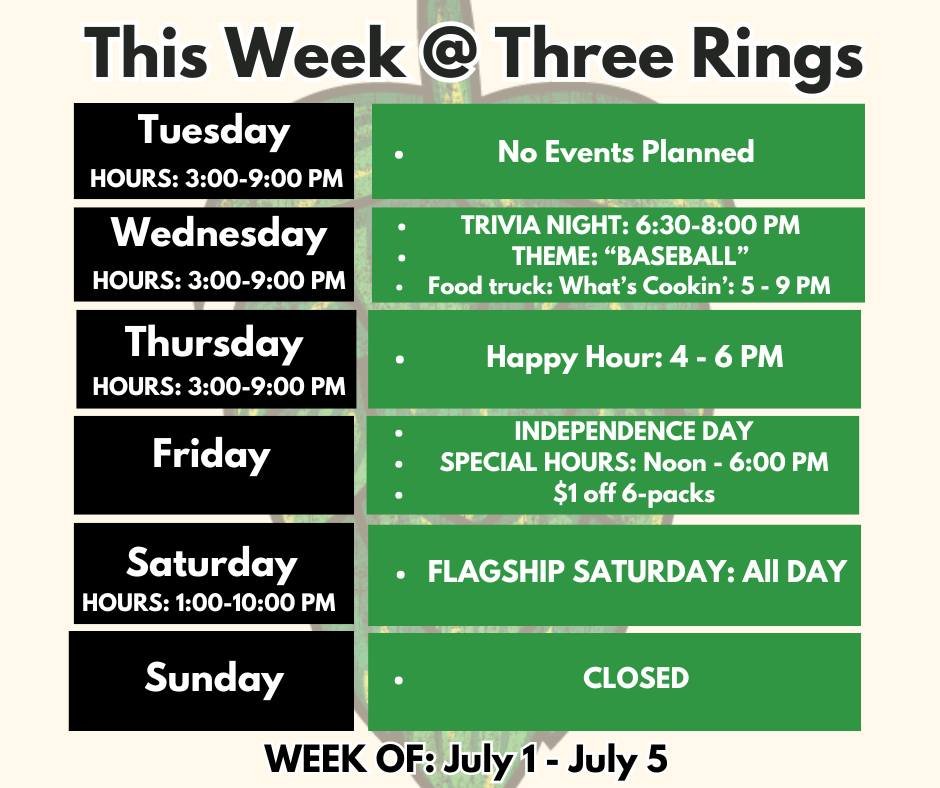 Where did June go?!? Oh well. Off to July!

WEDNESDAY we have &quot;Trivia&quot; from 6:30-8:00 PM with the theme of &quot;Baseball&quot;! Also come out and grab Whatevers Cookin from 5:00-9:00 PM!
THURSDAY is &quot;Happy Hour&quot; from 4:00-6:00 PM