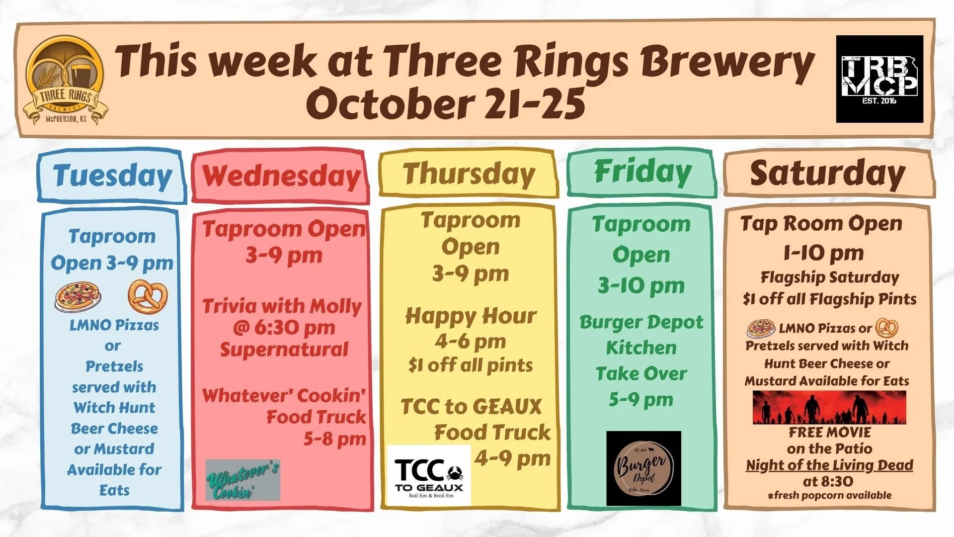 This week at Three Rings Brewery...Whatever's Cookin', TCC to GEAUX, Burger Depot and our Final Movie on the Patio...moving to the front patio as it's getting colder...