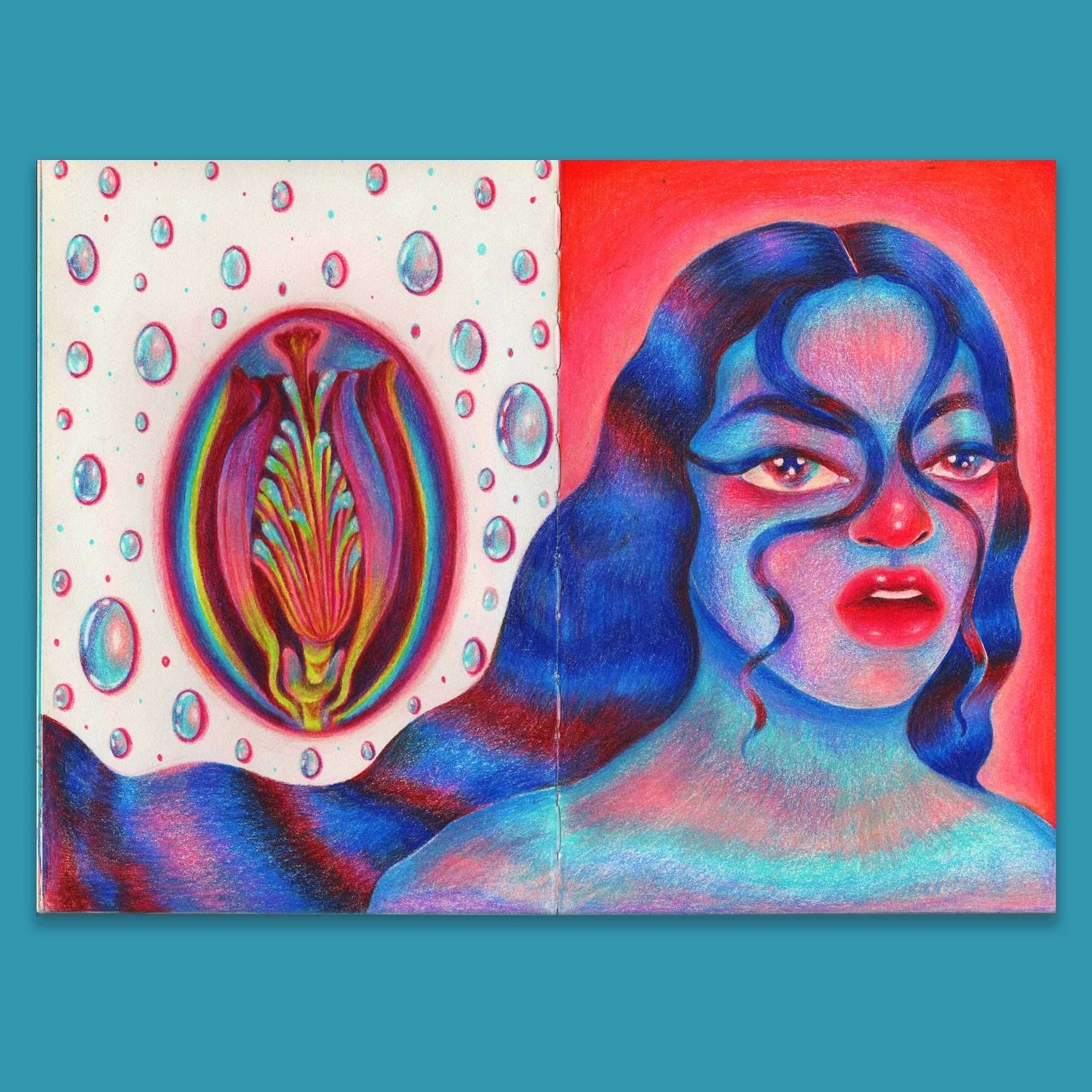 🌷🪻🫀🪻🌷 
.
.
#colorpencil #introspection #fall #blooms #blues #scan #analog #drawing #sketchbook #spread #womanhood #checkingin #hair #drops #2024