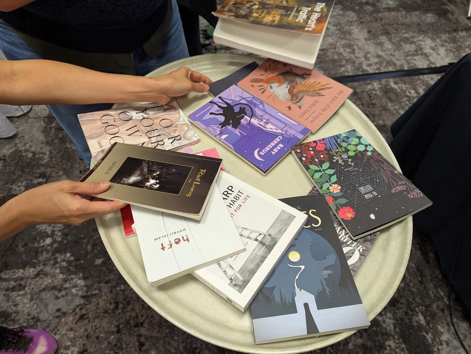 The library station from  Leah Horlick ’s lovely poetry-collection-assembling workshop.