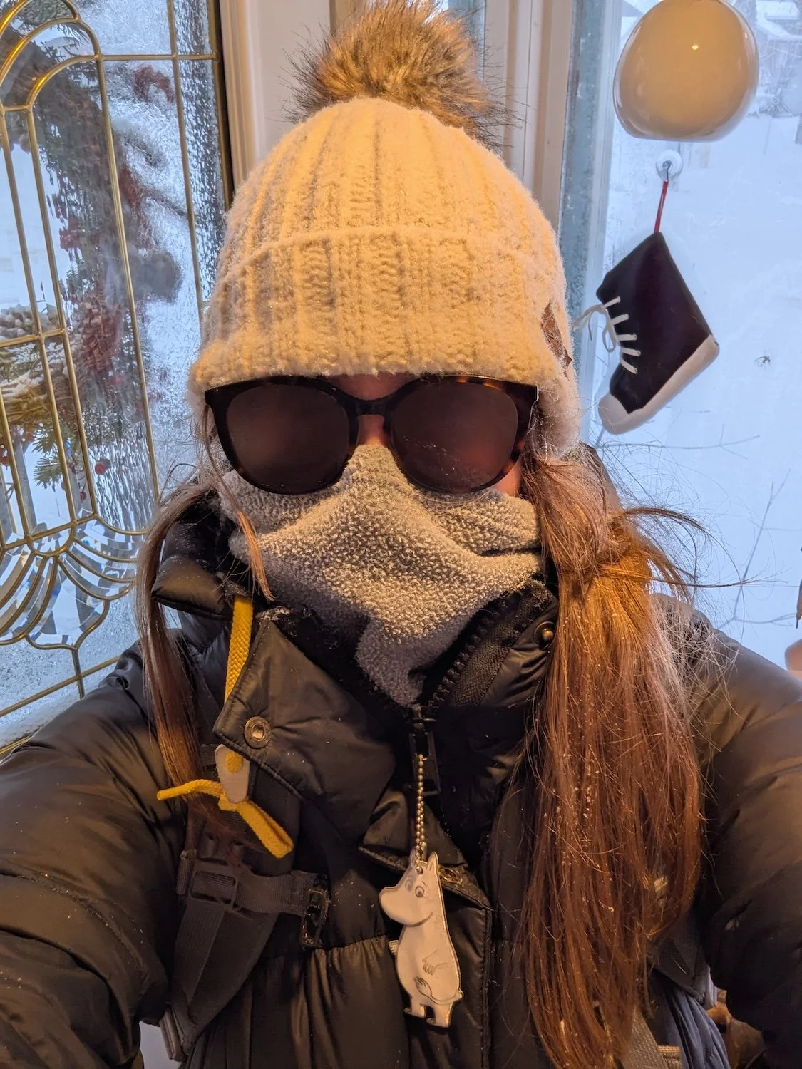  The author in gear for the walk to work in winter: parka, toque, sunglasses, face and neck warmer. 
