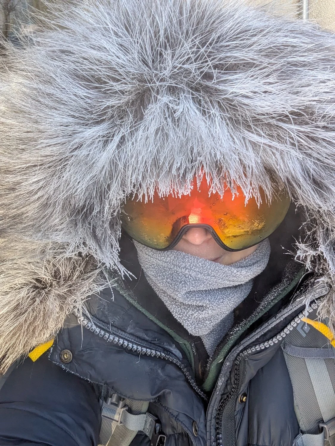  The author on her walk to work in the very cold Canadian winter, face obscured by a large fur hood, ski goggles and a face and neck warmer. 