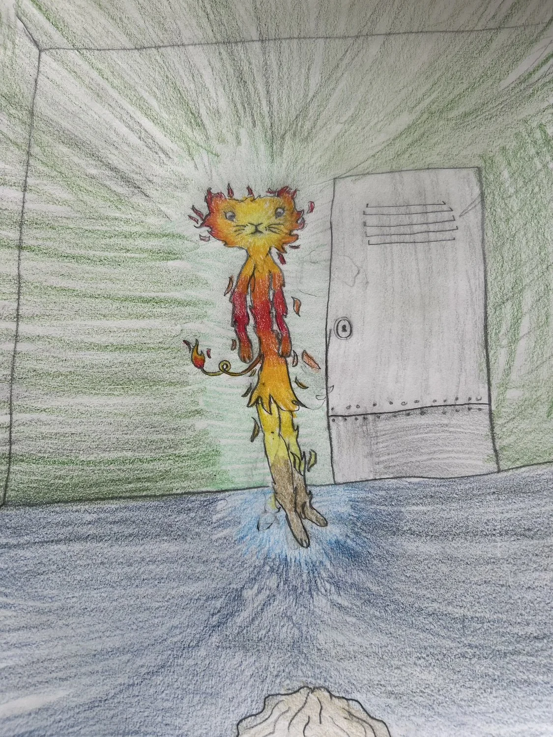 The author's niece's interpretation of a fiery feline being from the an upper middle grade manuscript.