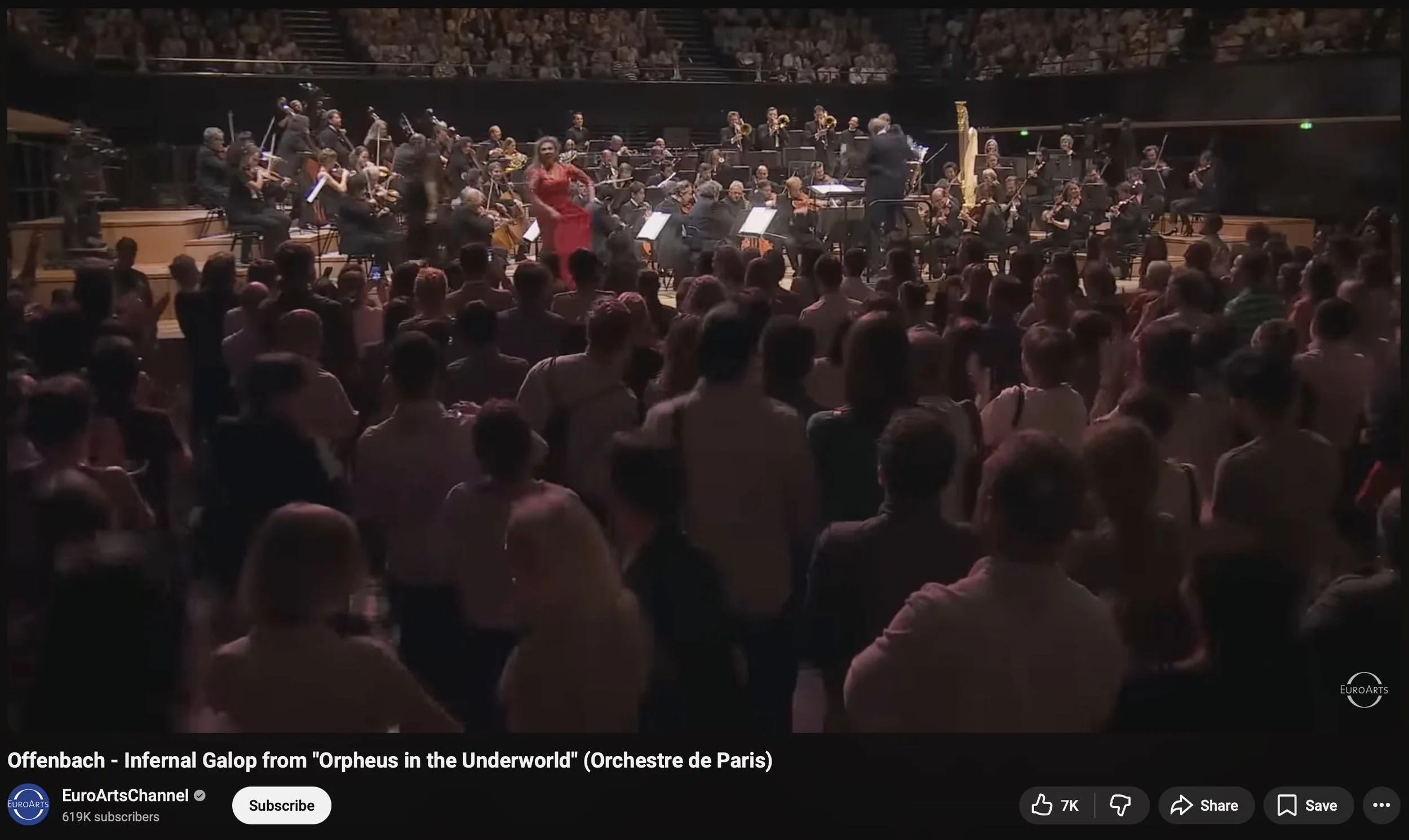 Still from an Orchestre de Paris performance of Offenbach's "Galop infernal" (from Orpheus in the Underworld) provided to YouTube by EuroArtsChannel, showing an orchestra pit surrounded by an audience on their feet.