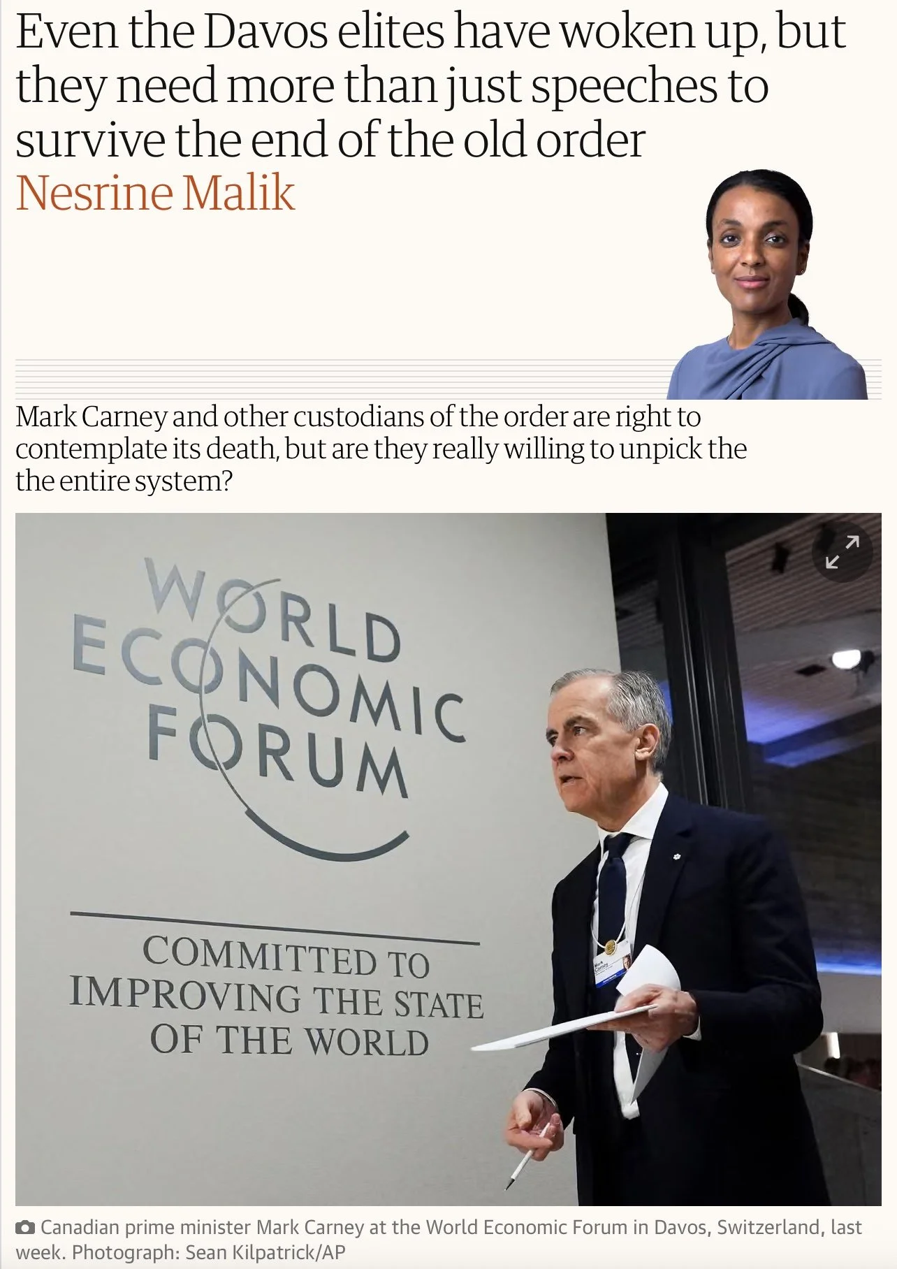 A screenshot of an article in The Guardian by Nesrine Malik, with a photo of the Canadian Prime Minister Mark Carney by Sean Kilpatrick from the AP.