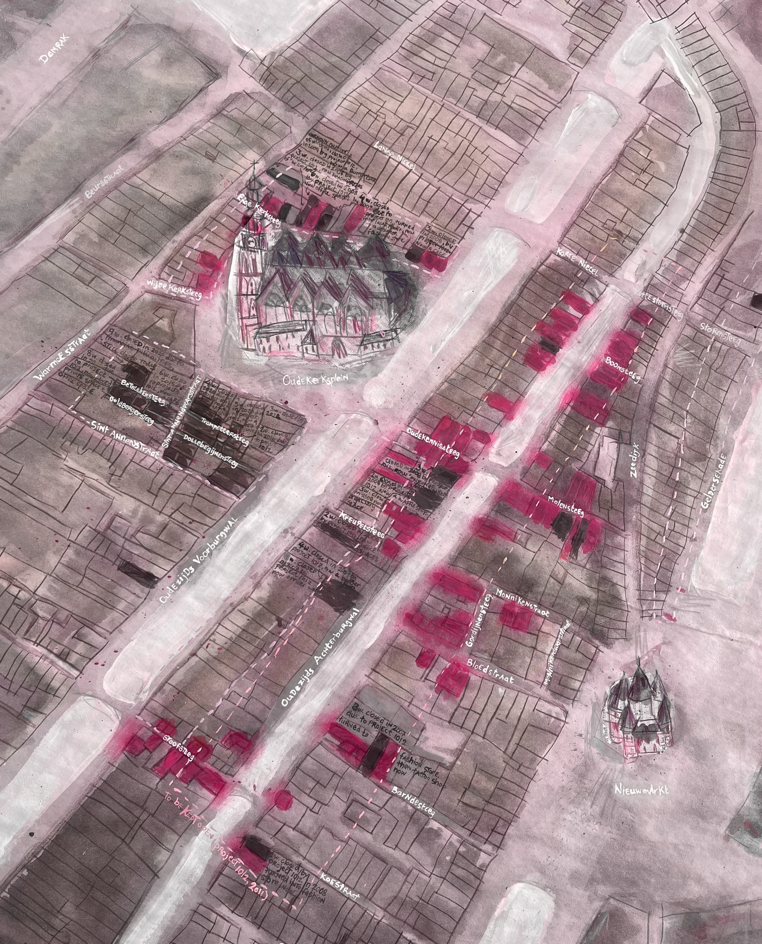 Closed Windows in Amsterdam’s Red Light District from 1980’s to 2024; 
gouache and colour pencil on newspaper, 2024