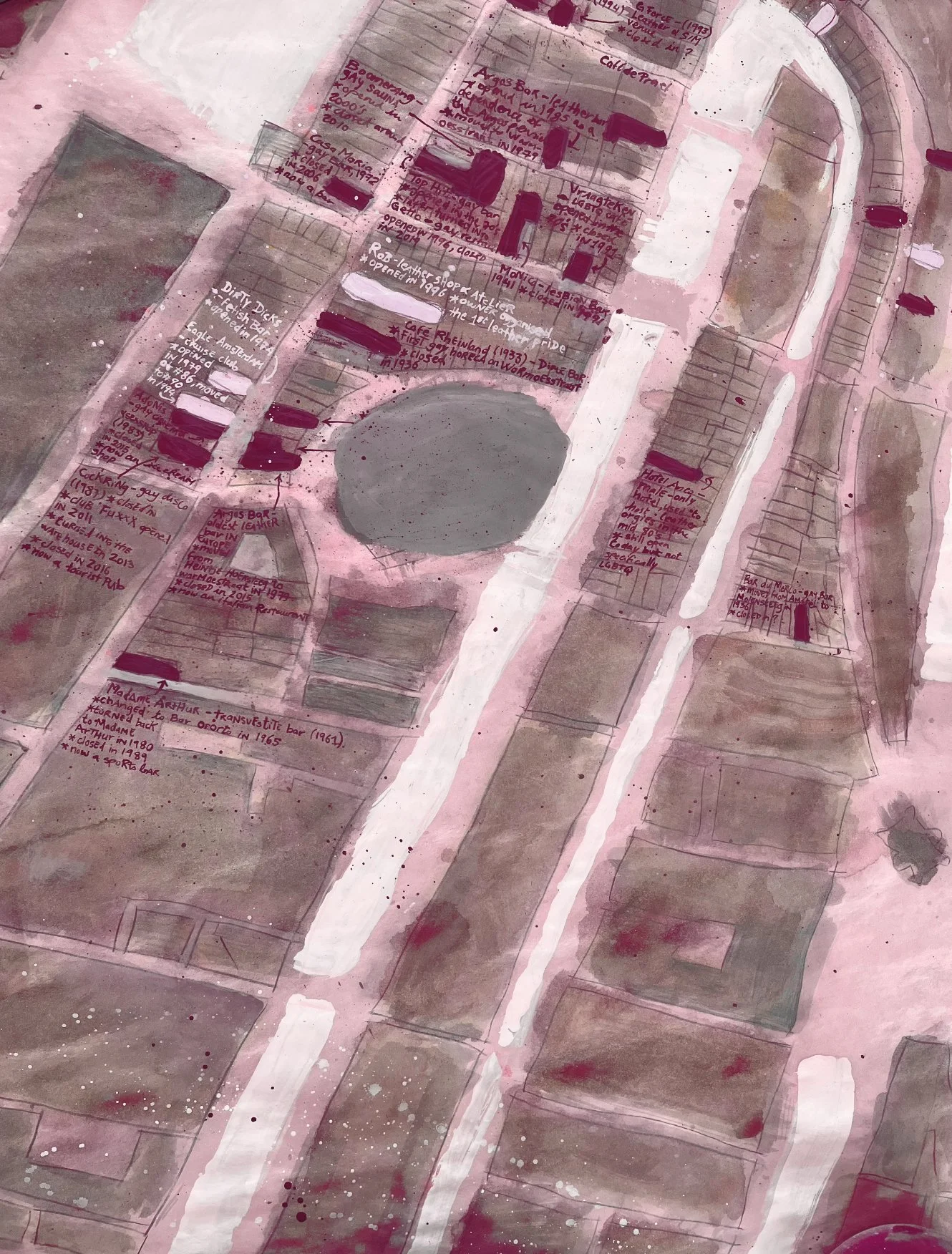Closed & Remaining Queer Spaces in Amsterdam's Red Light District, from 1911 to 2024; 
gouache and colour pencil on newspaper, 2024
