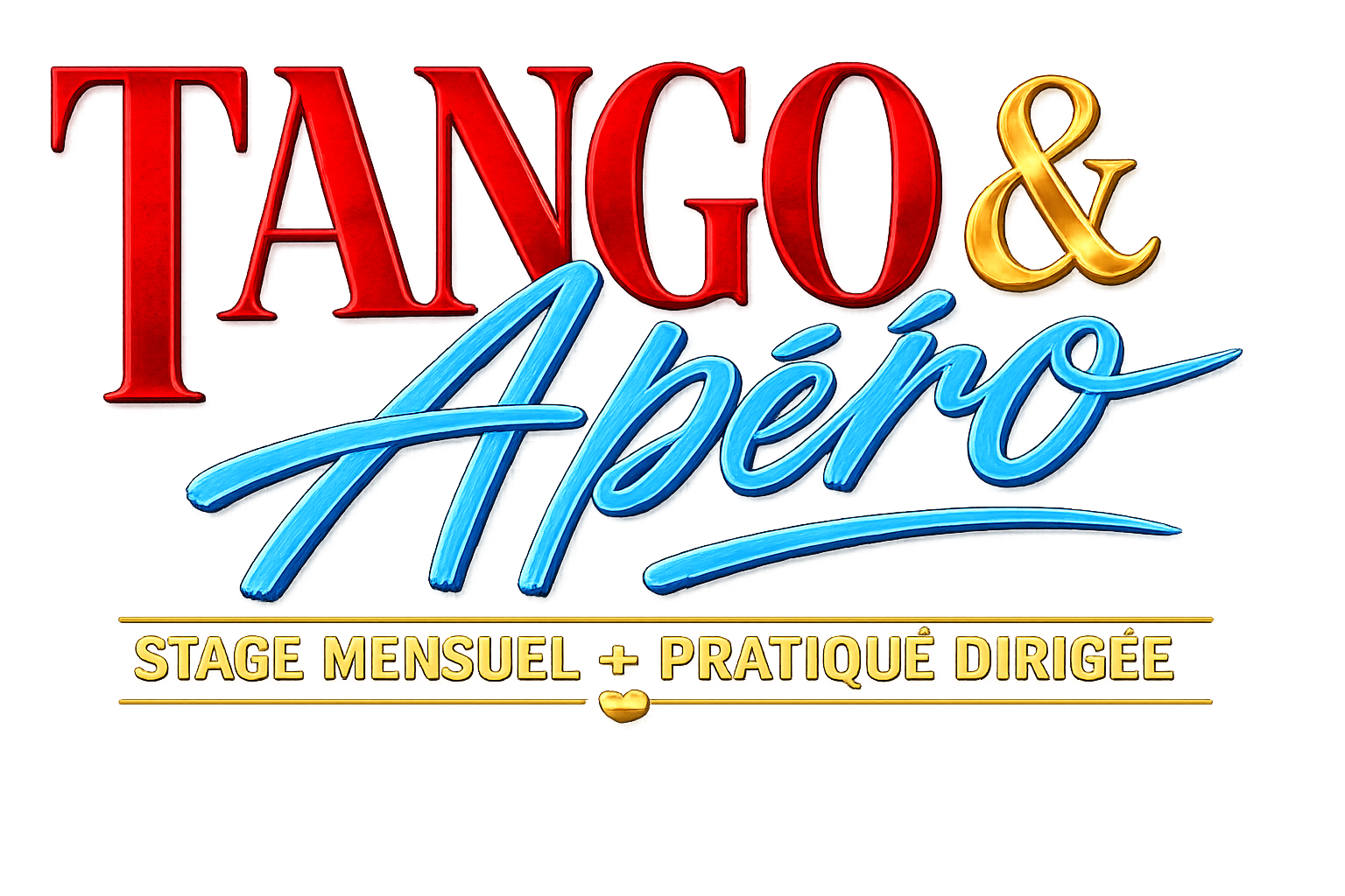 Logo coloré avec le texte : Tango & Thérapie, Stage mensuel + pratique dirigée, en couleurs rouge, bleu, or et jaune.