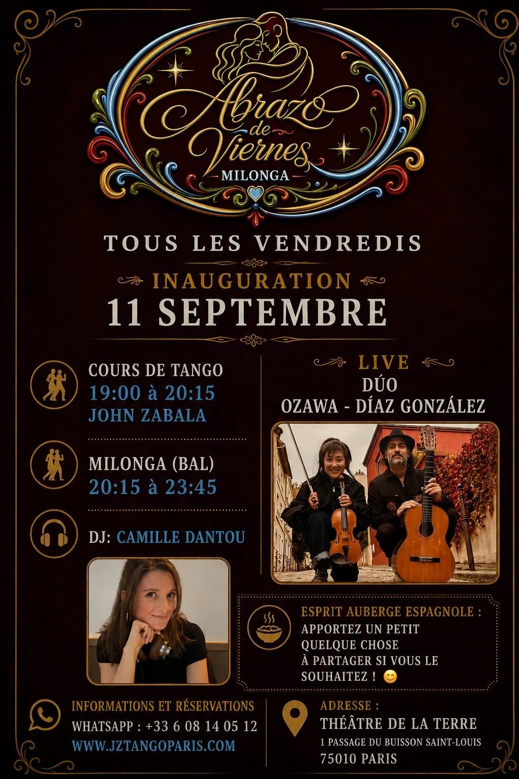 Affiche promotionnelle pour un événement culturel intitulé 'Abrazo de Viernes' à Paris, avec détails sur les activités : cours de tango, bal Milonga, spectacle live avec un duo guitare et violon, DJ Camille Dantou. Inclut la date 11 septembre, l'heure, l'adresse au Théâtre de la Terre, mesures sanitaires, contact via WhatsApp, et conseils pour apporter un petit quelque chose à partager, avec une photo des performers et une autre d'une femme avec casque.