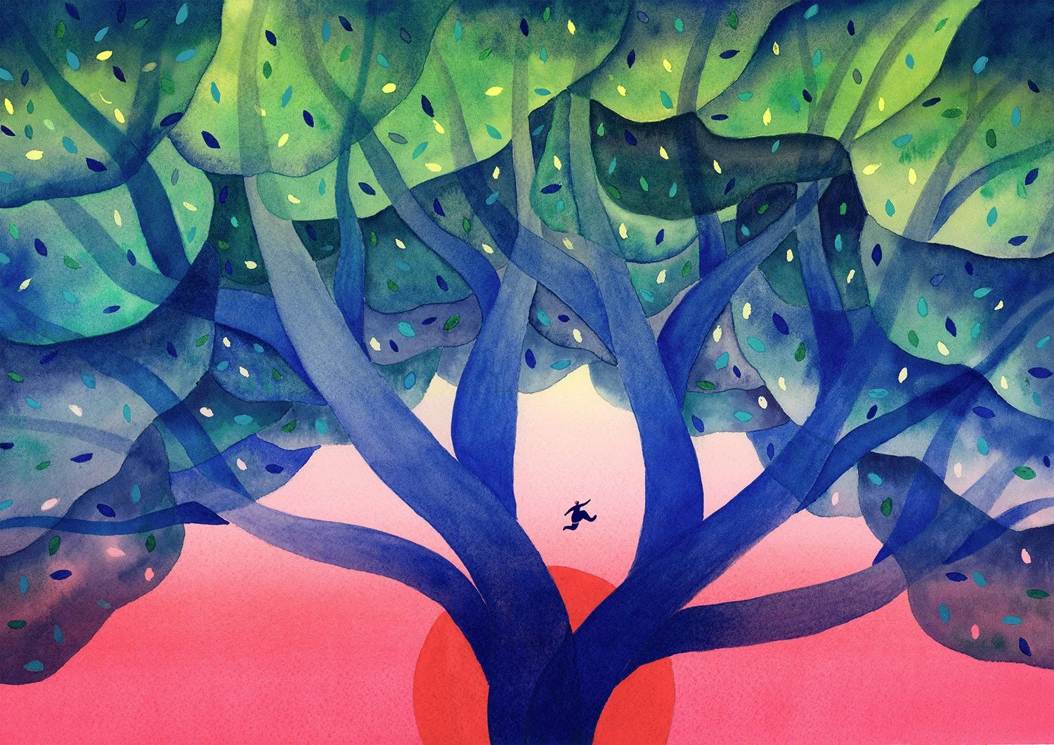A colorful, abstract watercolor painting of a large tree with blue and green leaves, set against a pink and purple gradient sky with a red sun.
