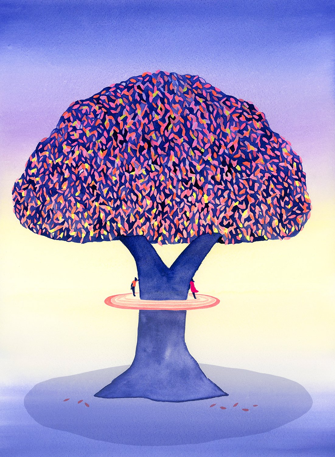 A colorful, artistic illustration of a large tree with a thick trunk, featuring vibrant pink, purple, blue, and yellow leaves, with two small figures standing at the base.