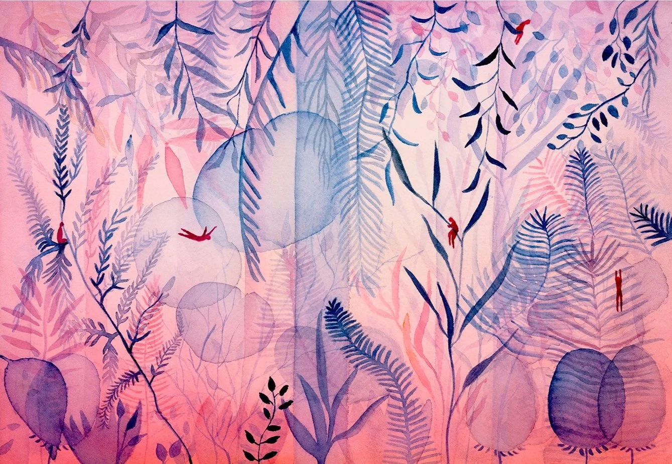 Watercolor painting of various pink and purple tropical leaves and ferns with small red and black human figures walking and sitting among the foliage.