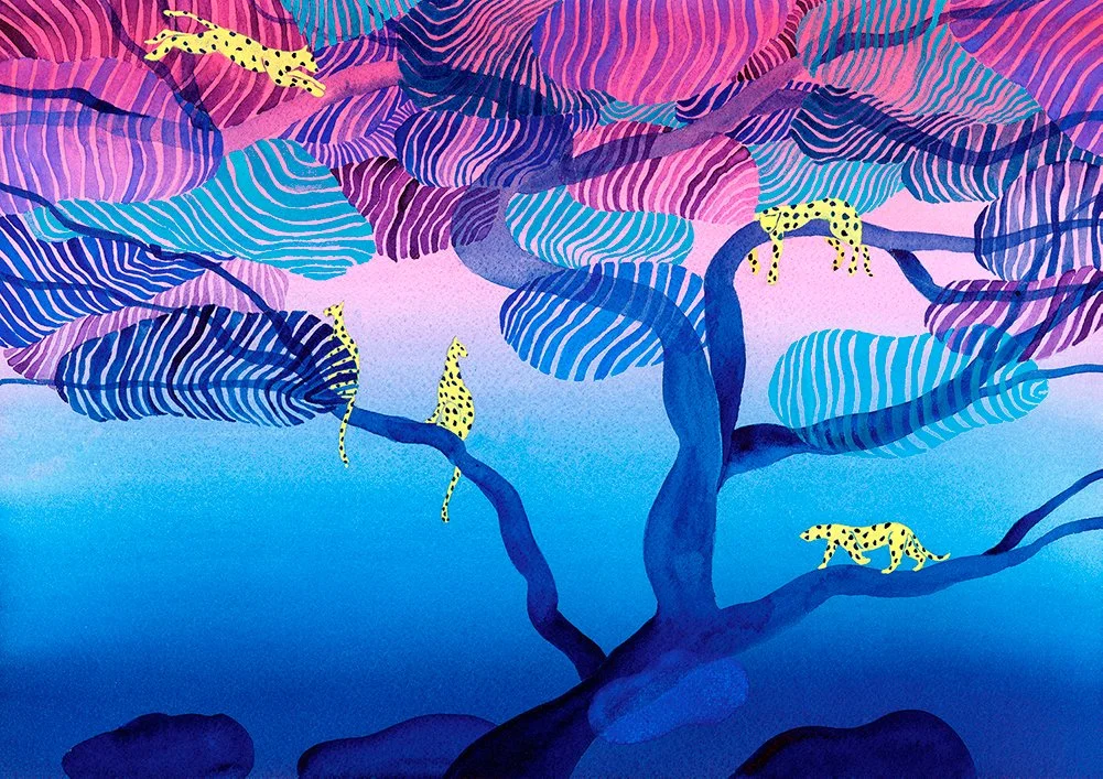 Colorful illustration of a tree with purple and pink leaves on a blue background, with four yellow cheetahs with black spots sitting or lying on the branches.