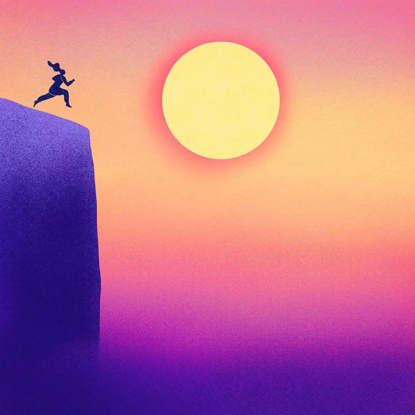 Silhouette of a person in a running pose on top of a cliff, with a large yellow sun in a pink and purple gradient sky.