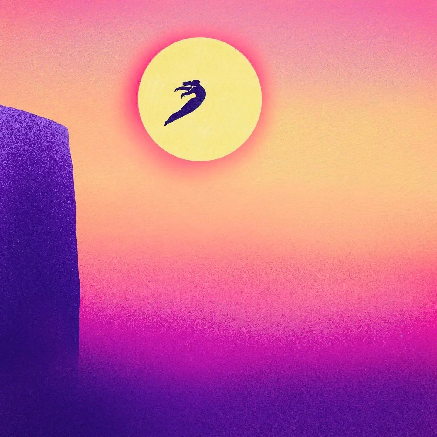Silhouette of a person flying on a broomstick in front of a full yellow moon with a pink glow, against a gradient sky of pink, orange, and purple hues.