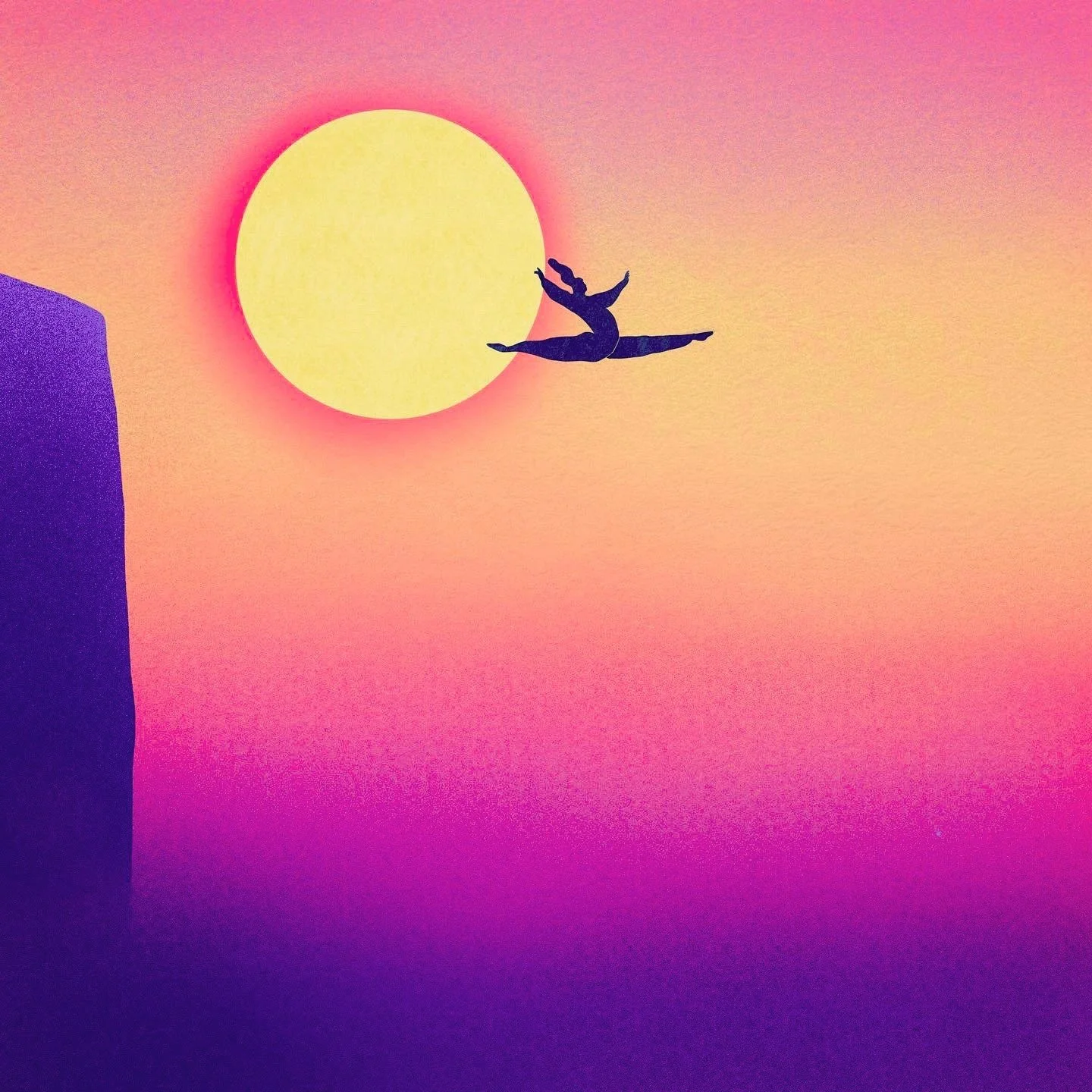 Silhouette of a person performing an acrobat pose in front of a large setting sun, with a colorful pink and purple sky and a dark building on the left