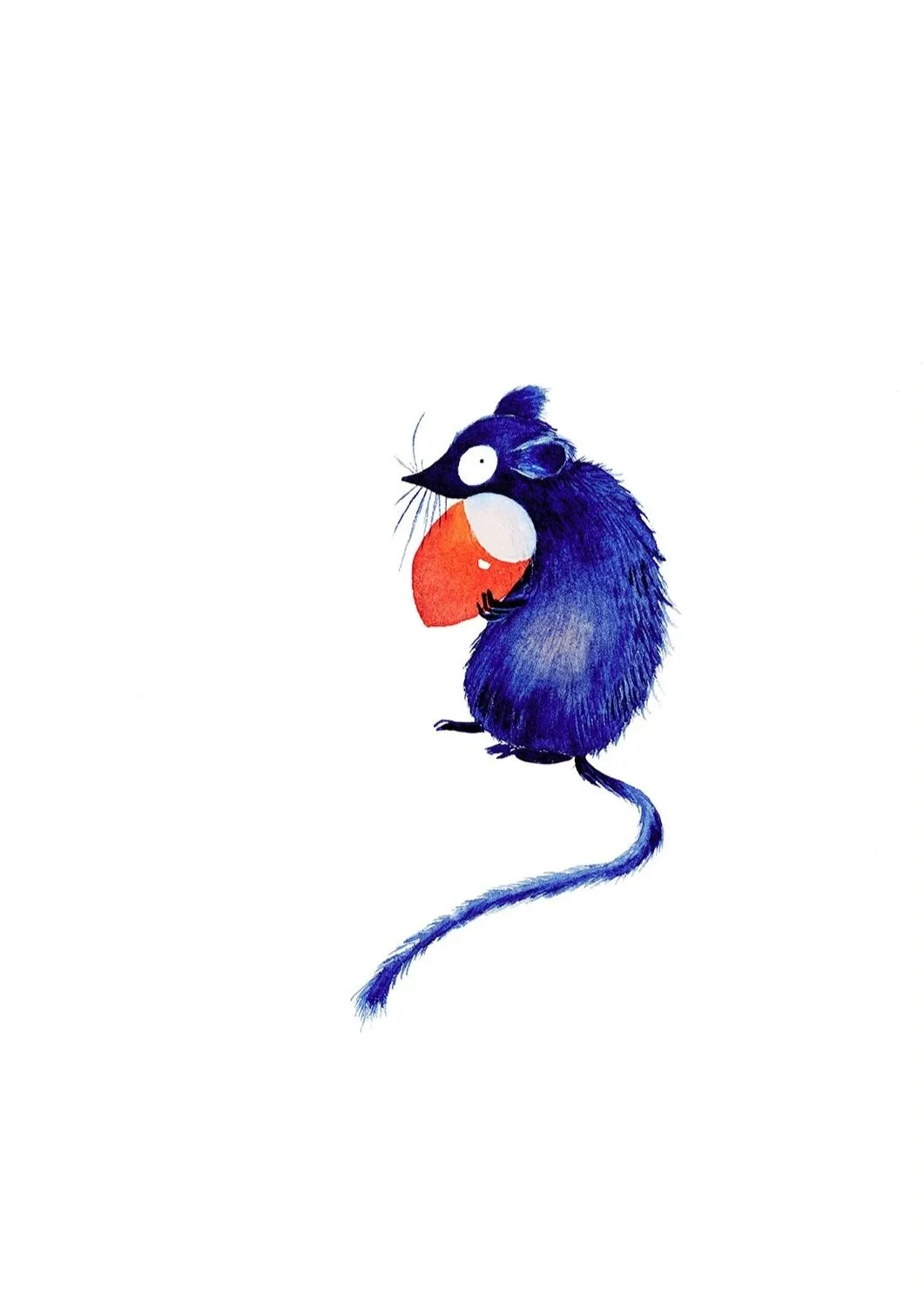 Cartoon illustration of a blue mouse holding a red and white ball, with a white background.