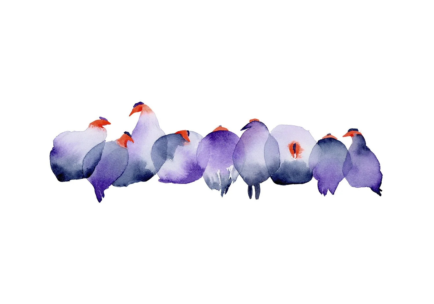 Watercolor painting of a group of ten guinea fowl with purple, gray, and orange colors, arranged in a line on a white background.