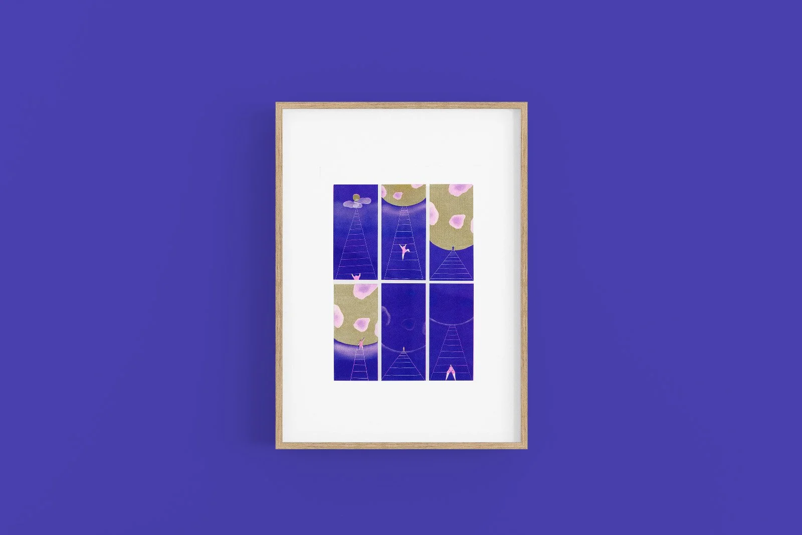 Framed abstract art with blue background, featuring six sections with illustrations of ladders reaching to moon and clouds, with pink elements.