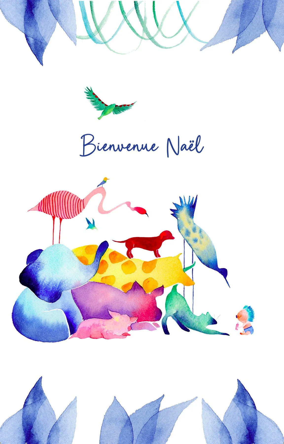 Colorful watercolor illustration of various animals, a child, and leaves at the top and bottom with the text "Bienvenue Noël" in the center.