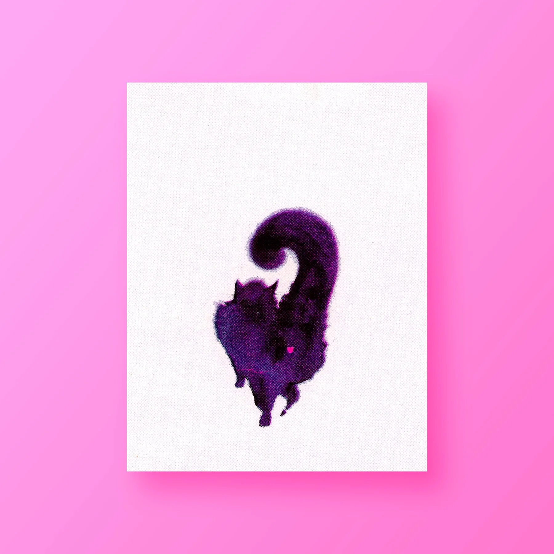 Silhouette of a curled black cat with a purple hue, standing on white background.
