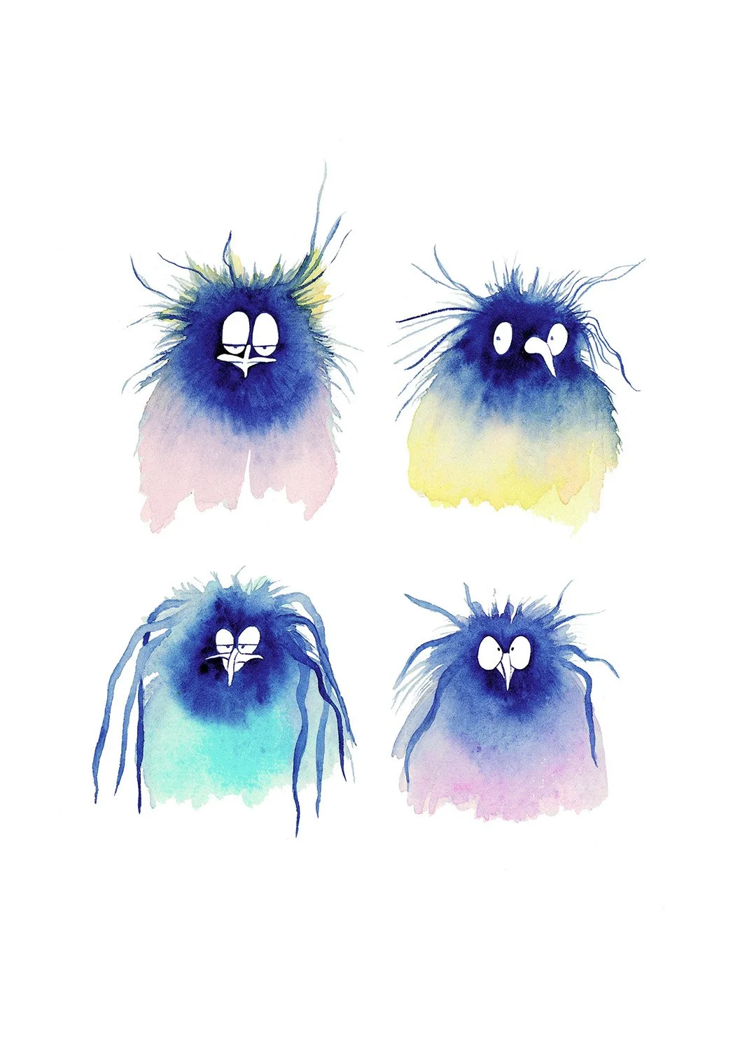 Four watercolor illustrations of fuzzy, cartoon-like creatures with different expressions and colors.