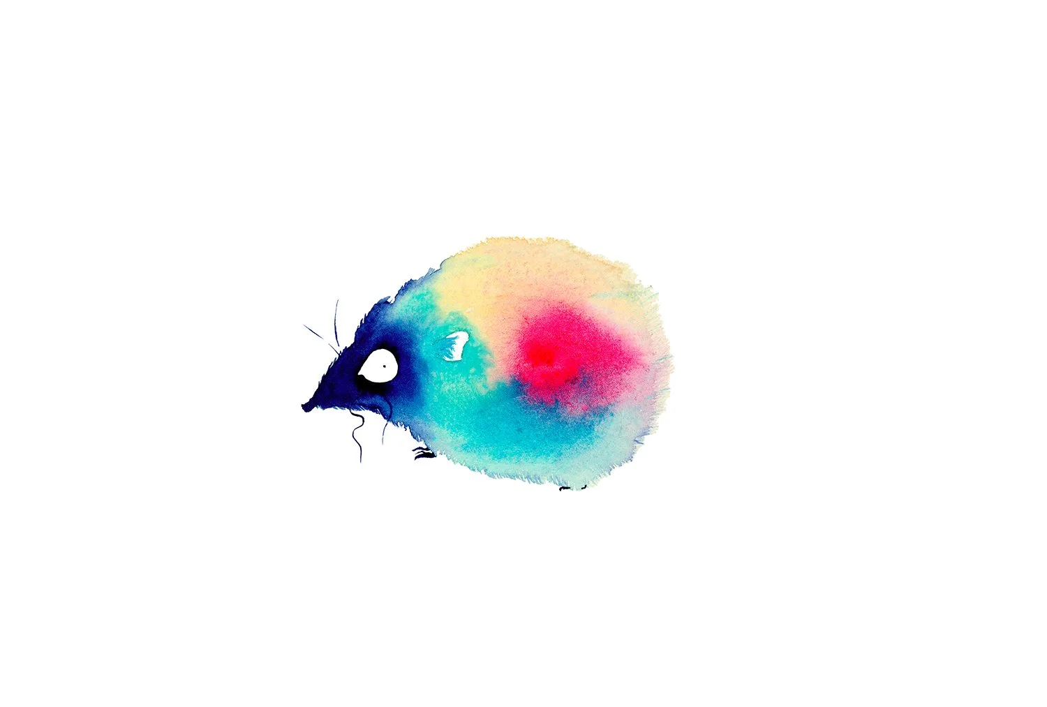 Watercolor painting of a hamster with pastel blue, pink, and yellow fur, with a dark blue face and white eye, on a white background.