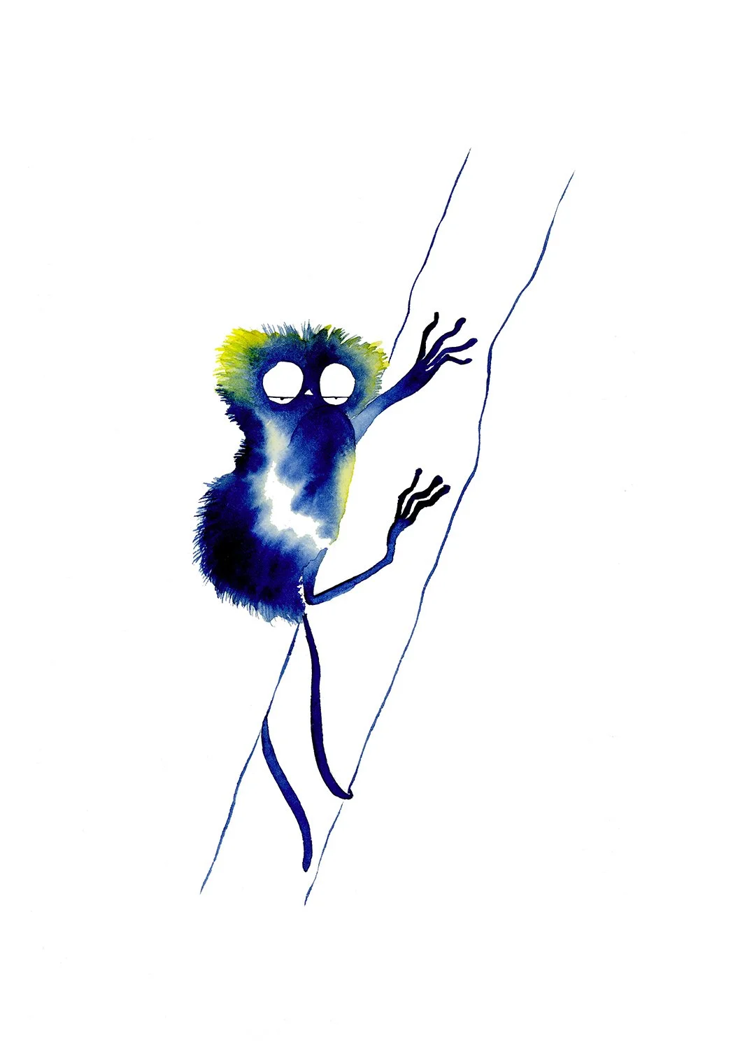 A watercolor illustration of a small fluffy creature with large round eyes, climbing a thin vertical line. The creature has dark blue and yellow-green fur, and its limbs are thin and elongated.