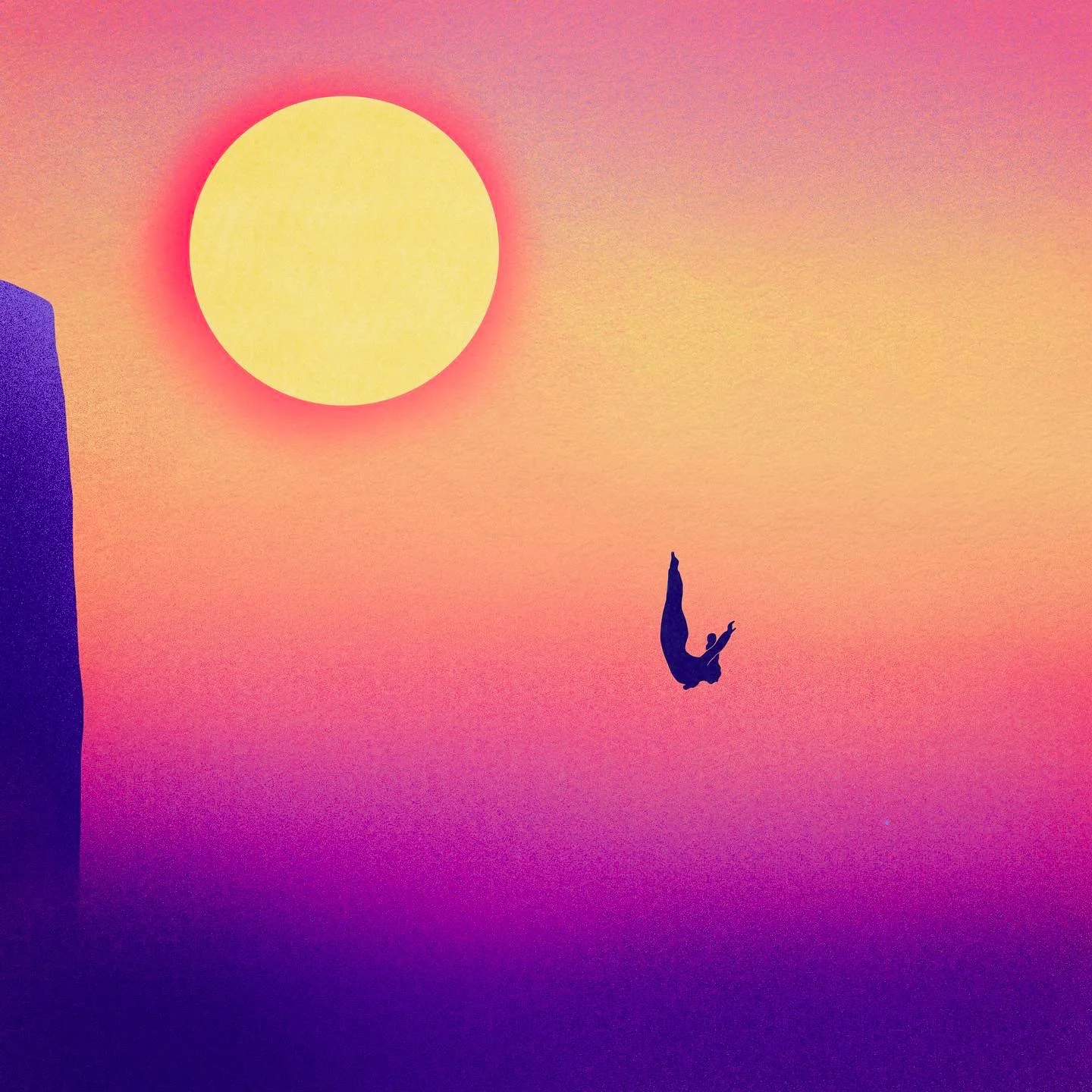 Silhouette of a person falling or diving with a colorful sunset or sunrise background with a large yellow sun, blue building on the left, and vibrant pink, purple, and orange sky.