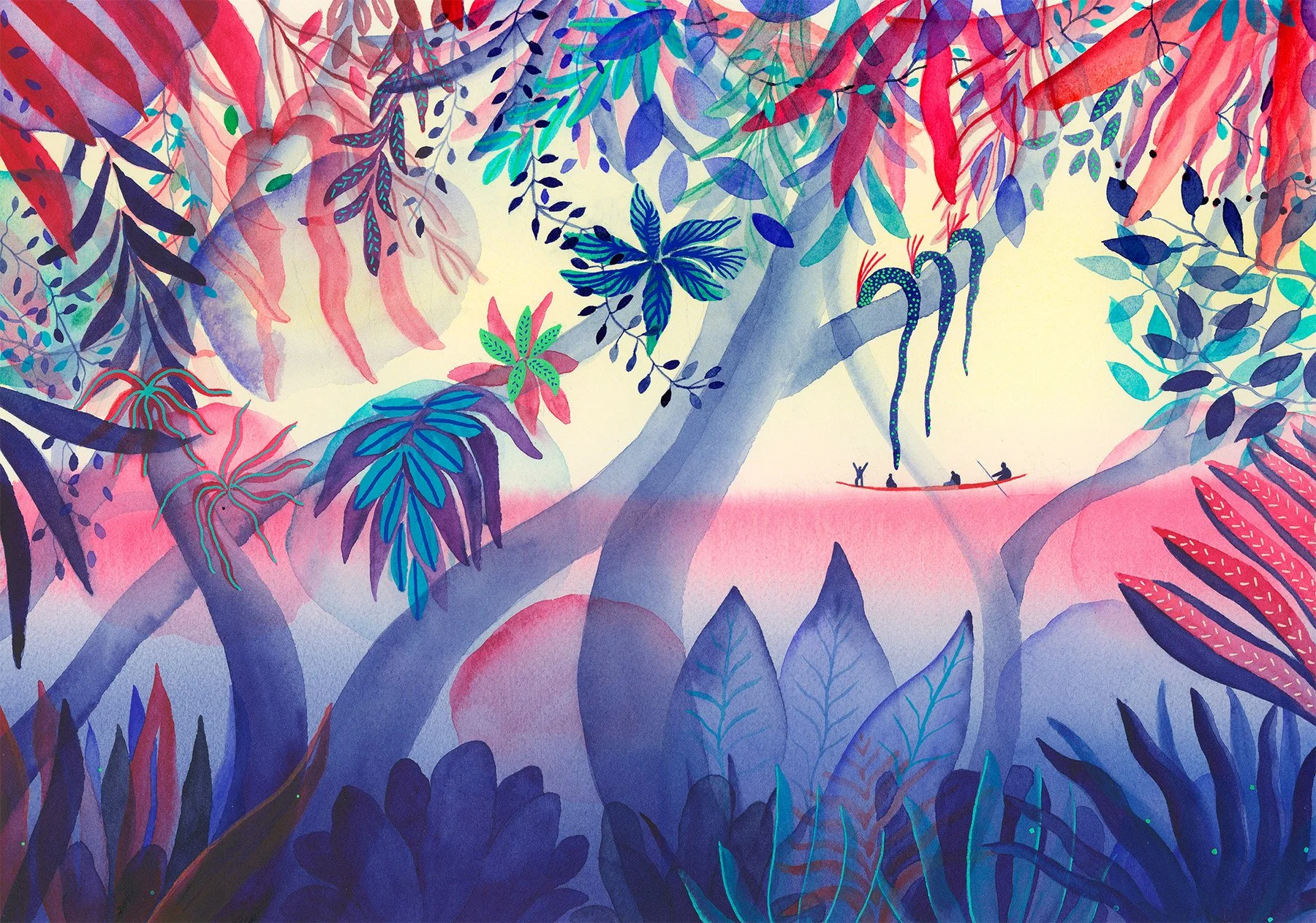 Colorful illustration of a lush jungle with tall trees, dense foliage, and hanging vines. In the background, three people are paddling a boat on a calm water body, and a large snake is hanging from a tree branch nearby.