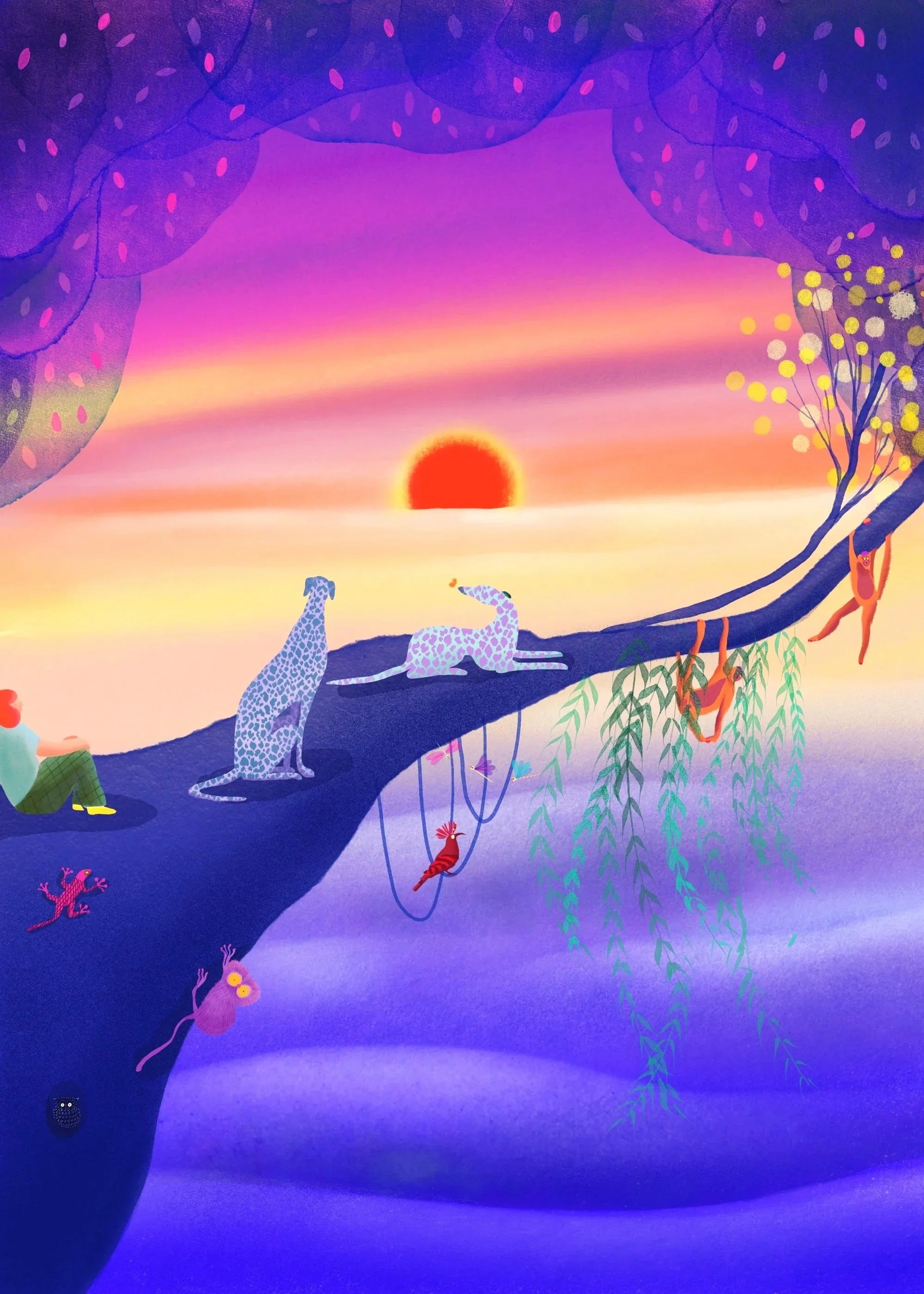a woman, two dogs and little animals are sitting on a big blue tree and look at the sun rising