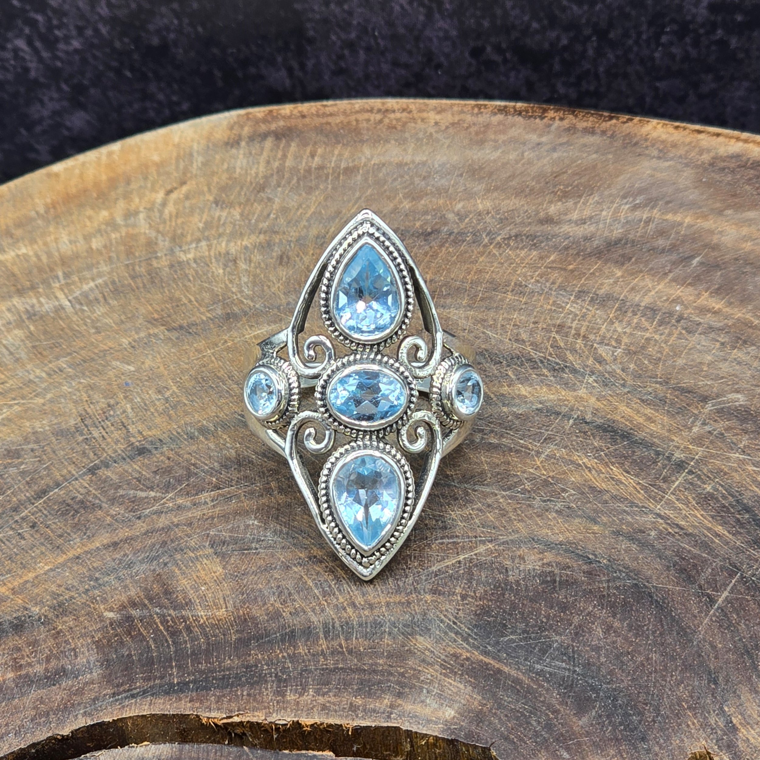 Artist Made Sterling Silver & Faceted Blue Topaz Ring Size 10