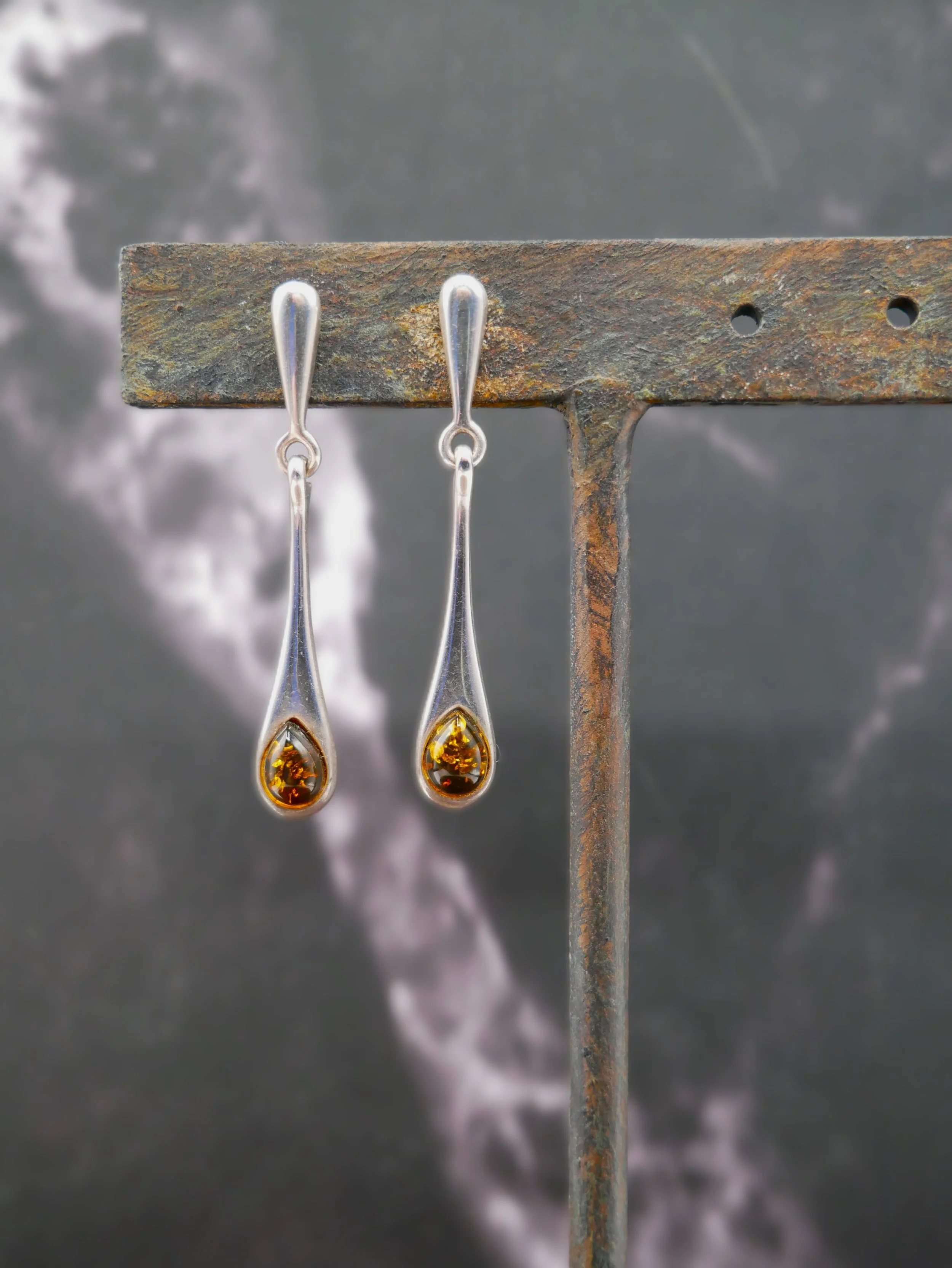 Lovely Sterling Silver Elongated Drop Earrings with Amber Gemstones