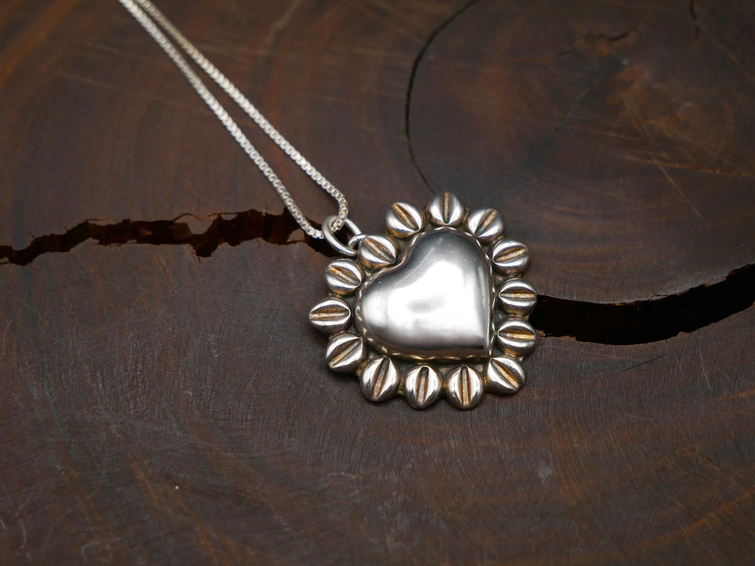 Vintage Taxco Mexico Sterling Silver Puffy Heart with Border Pendant Necklace