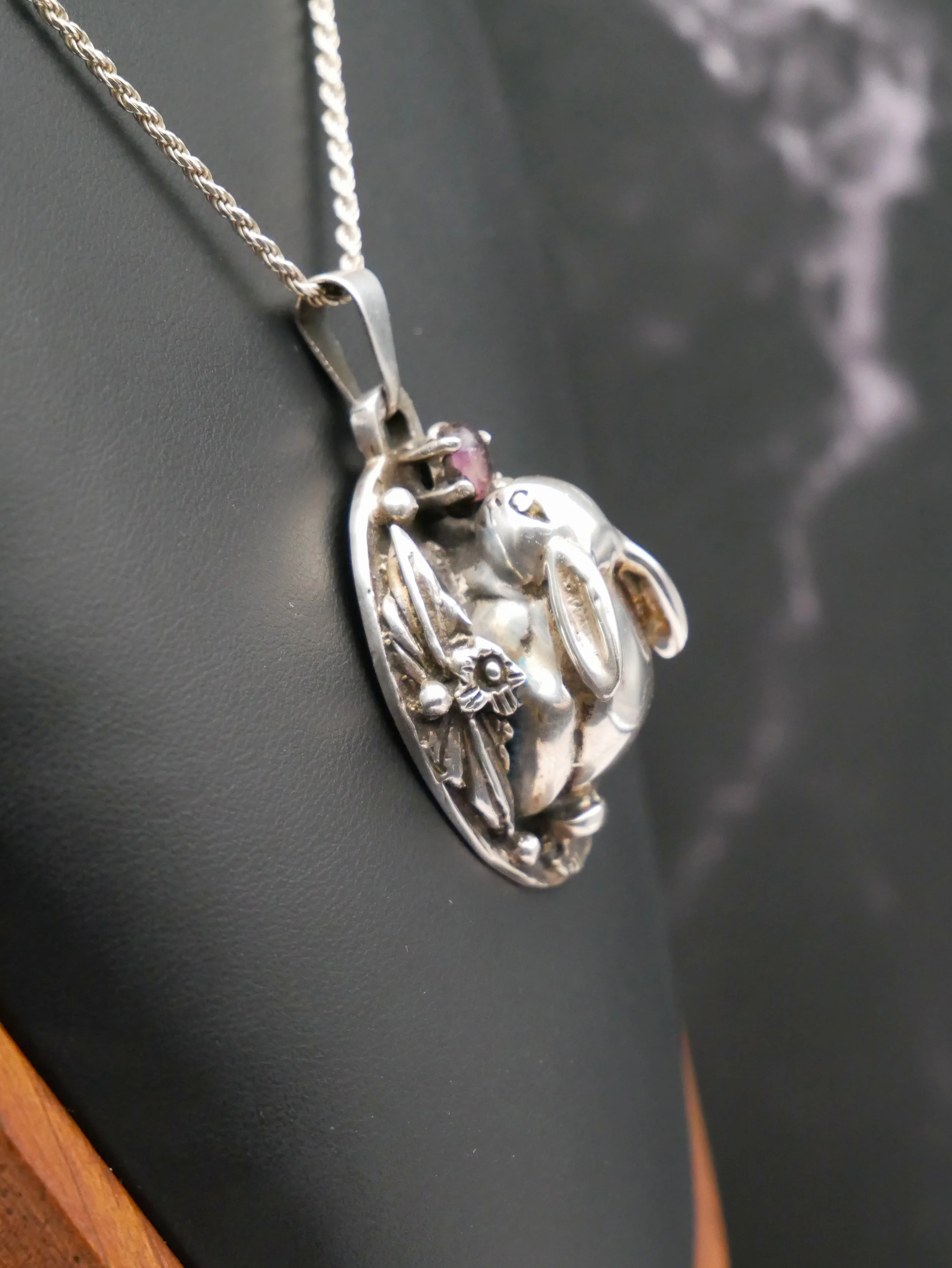 Sterling Silver 3-Dimensional Bunny Rabbit with Amethyst Pendant Necklace