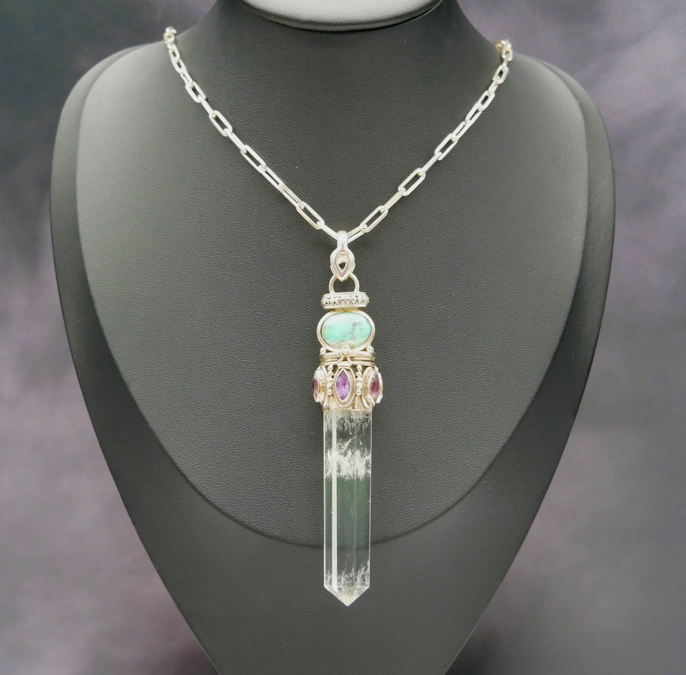 Amazing Artist Made Quartz Crystal Point Poison Pendant with Turquoise & Amethyst Gemstones Necklace