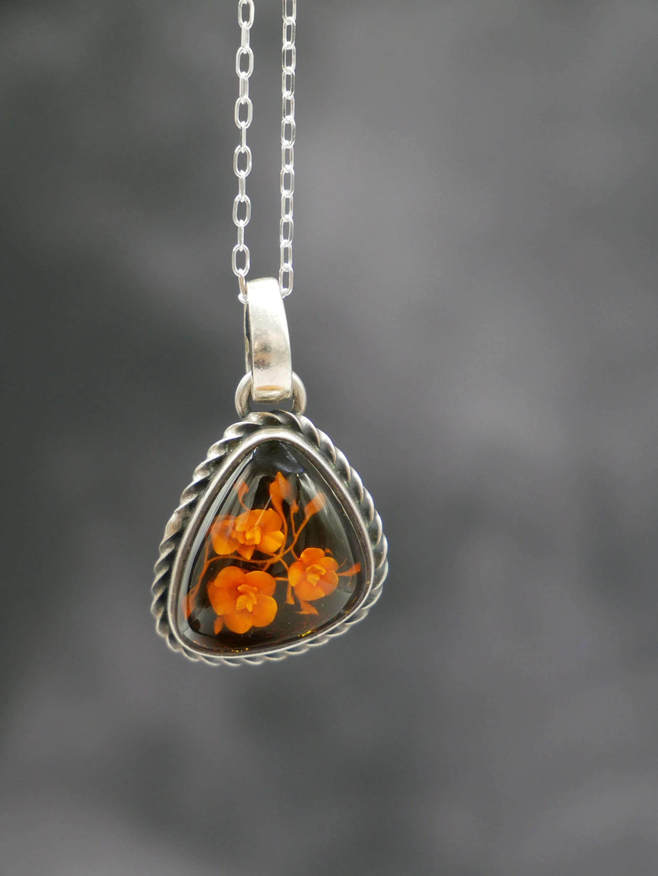 Vintage Sterling Silver and Amber Floral Carved Intaglio Pendant Necklace