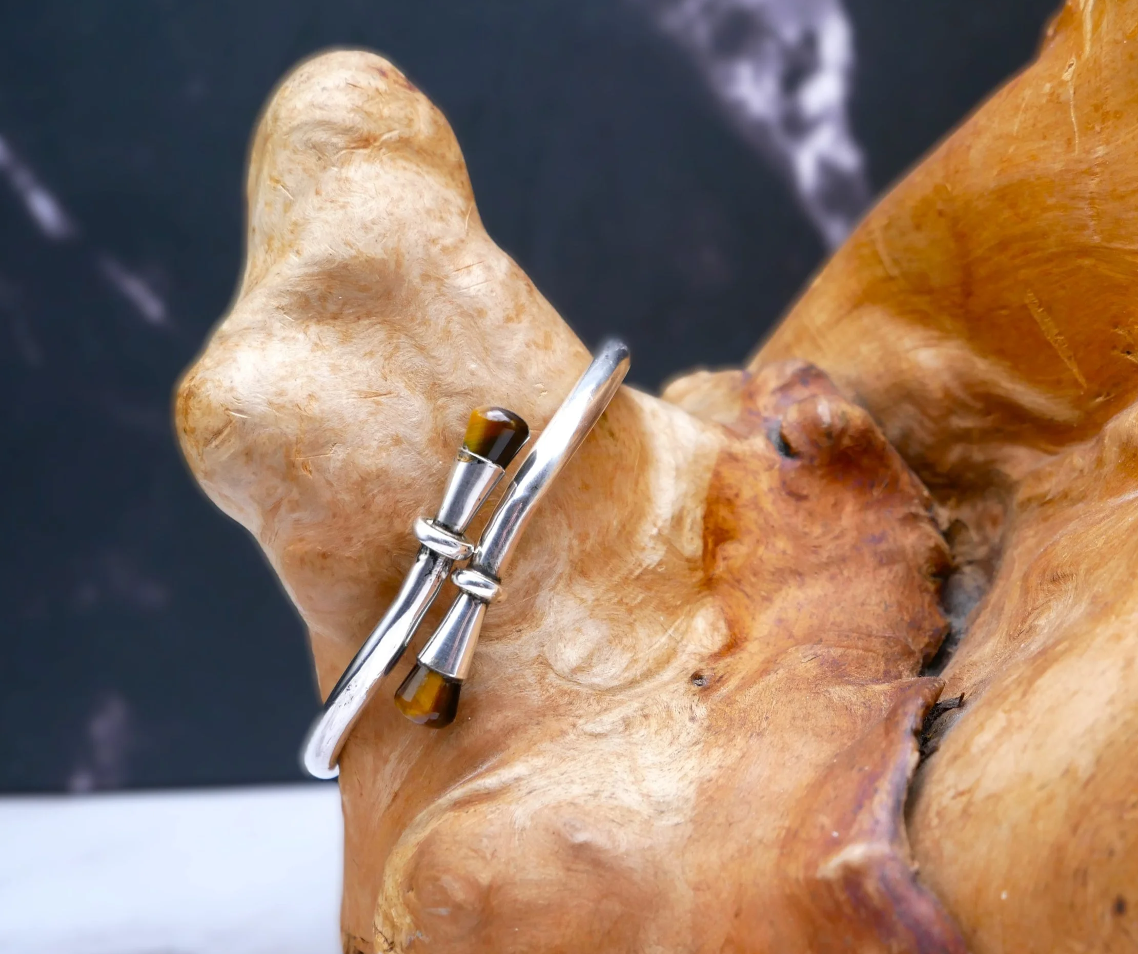 Sterling Silver Hinged Bypass Bracelet with Tiger's Eye