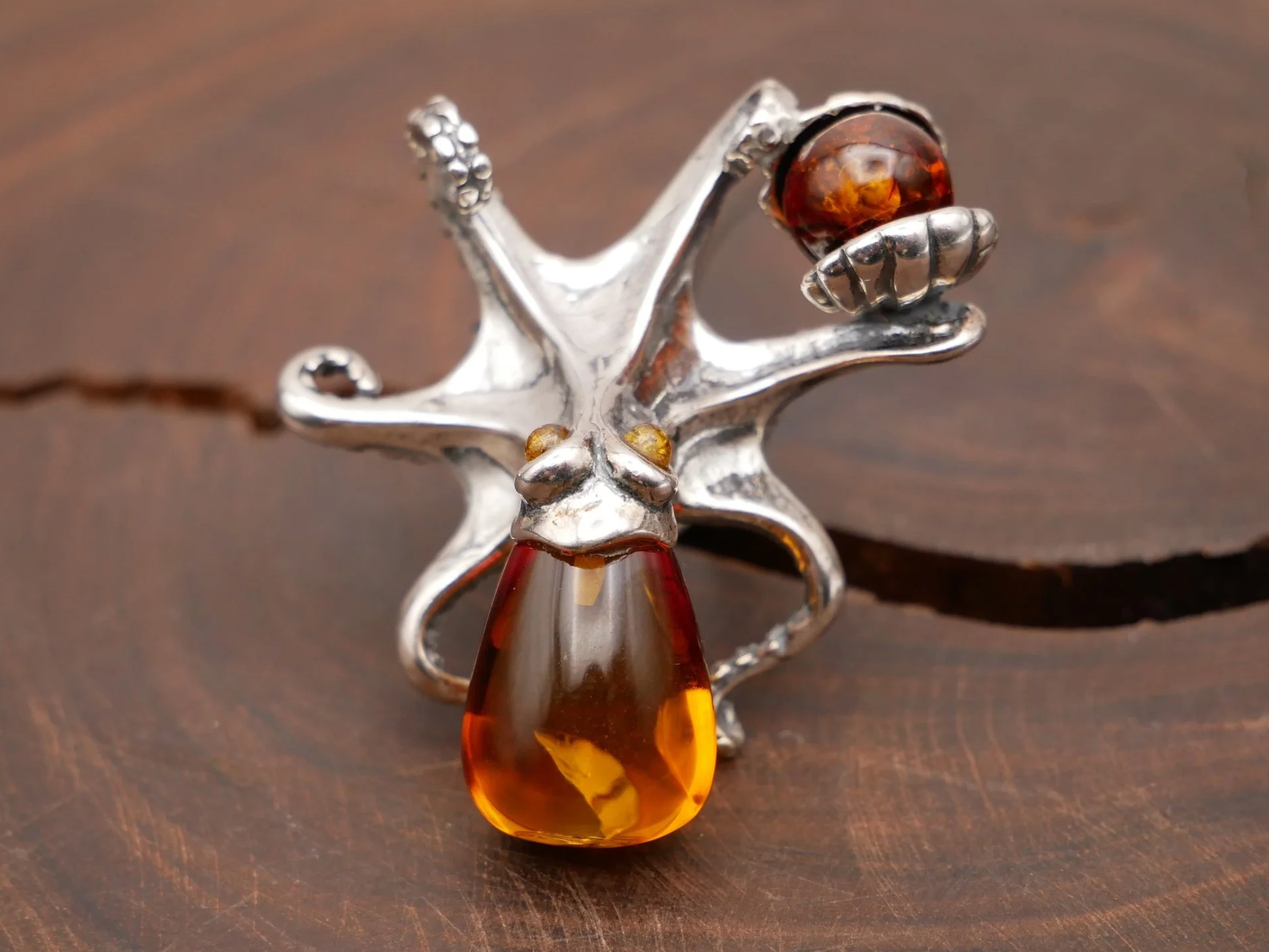 Artist Made Sterling Silver & Amber Octopus Ring