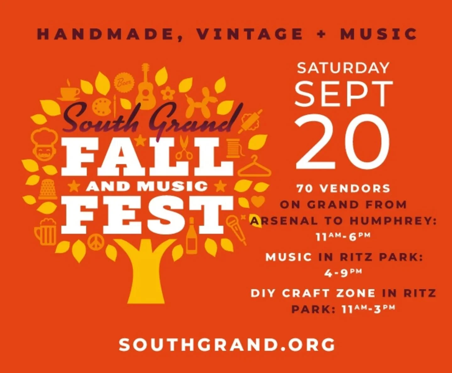 Come find us at South Grand Fall Fest on Saturday, Sept. 20, 2025! TGSNA will be offering fall crafts for the whole family at the DIY Craft Zone in Ritz Park (3147 South Grand Blvd.) from 11 a.m. - 3 p.m. Make a masterpiece with fall-themed stamps an
