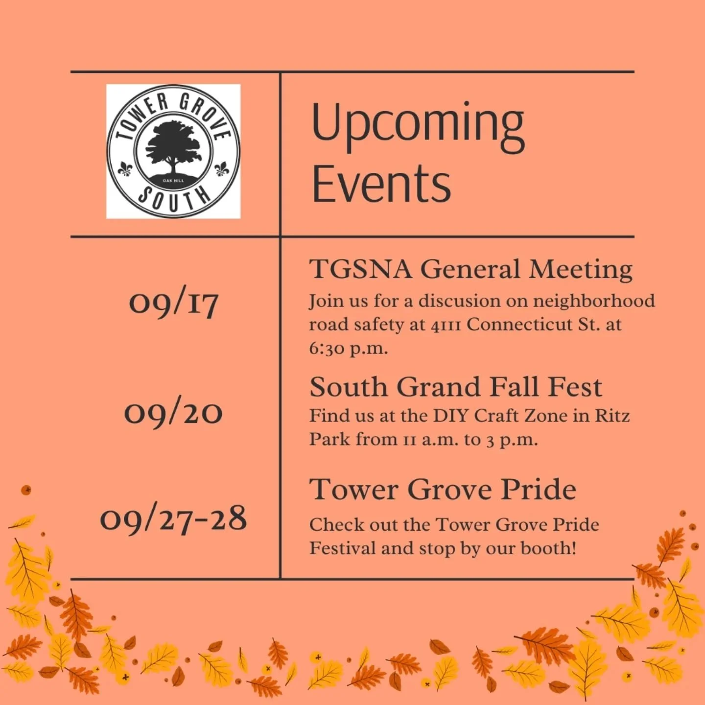 Reminder! Join us tonight at the monthly neighborhood association meeting and come find us at upcoming local events!