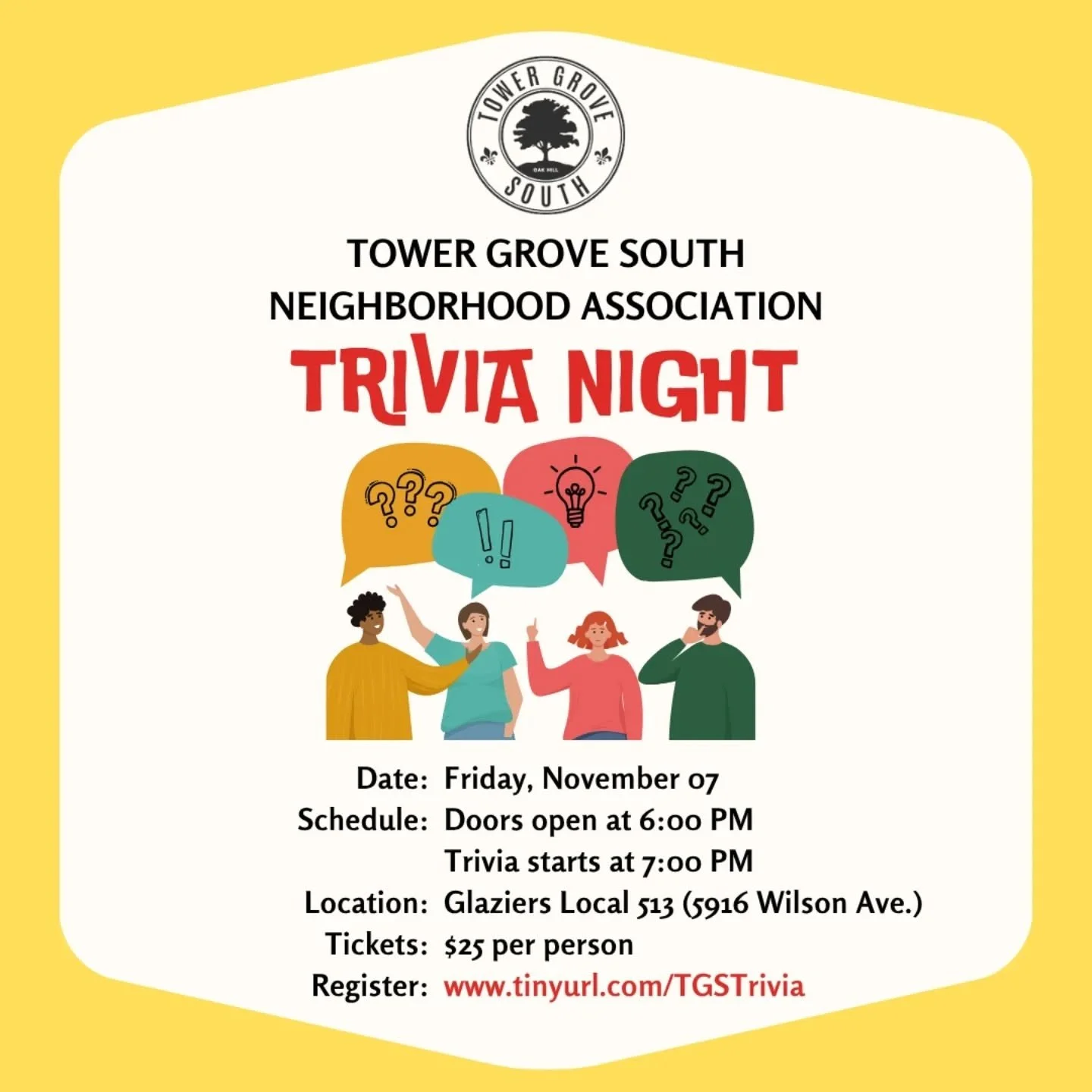 It's time to crown the new trivia champs of Tower Grove South!&nbsp; Join us for our annual fundraiser!

Each table can hold 8 players. You can get a single spot ($25) or sign up with a partial group and meet some neighbors. Or, get a whole table for
