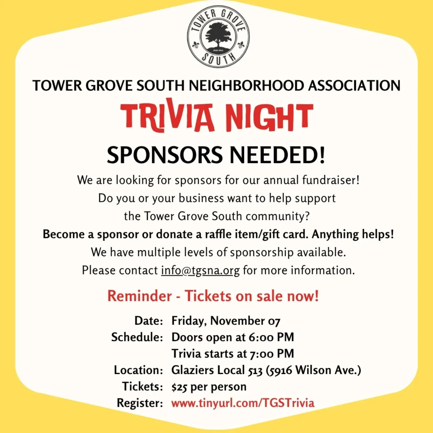 Help sponsor our Trivia Night fundraiser on Nov. 7th! We are looking for round sponsors ($150) and raffle prize donations! DM or contact&nbsp;info@tgsna.org&nbsp;if you have any questions.We also have Silver, Gold, and Platinum level sponsorships ava