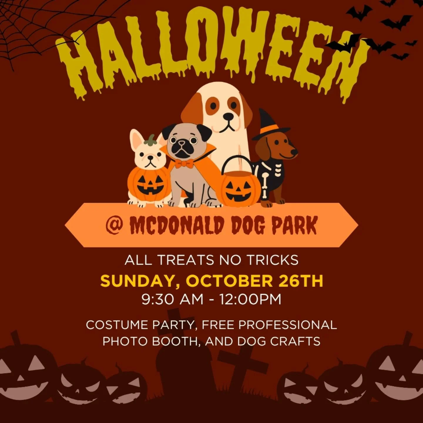 Join us at our Howl-o-ween event at McDonald Dog Park! Light refreshments will be served. Not a member of the dog park...yet?&nbsp;All dogs are welcome to participate in our Halloween fun!&nbsp;But please note, only member dogs will be allowed inside