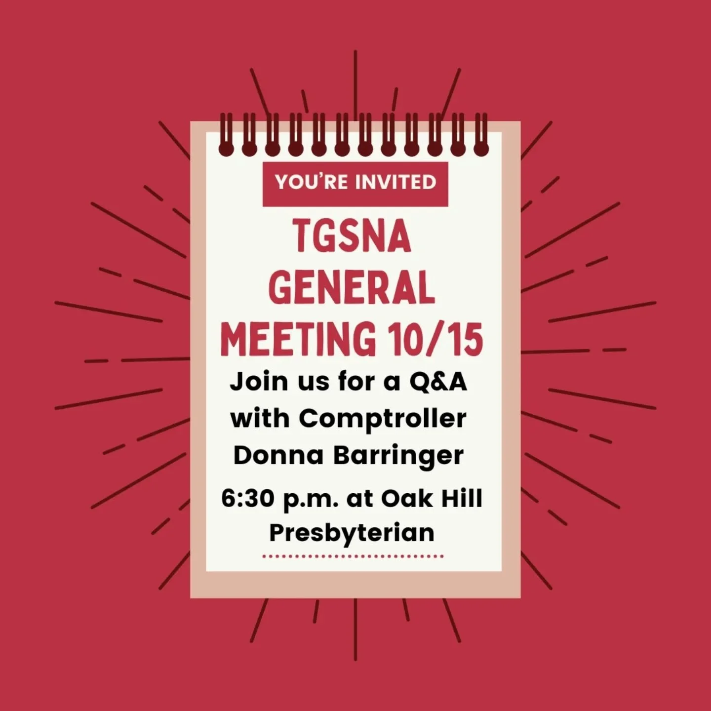 All are welcome! Join us for our monthly meeting in the basement of Oak Hill Presbyterian at 6:30 p.m.