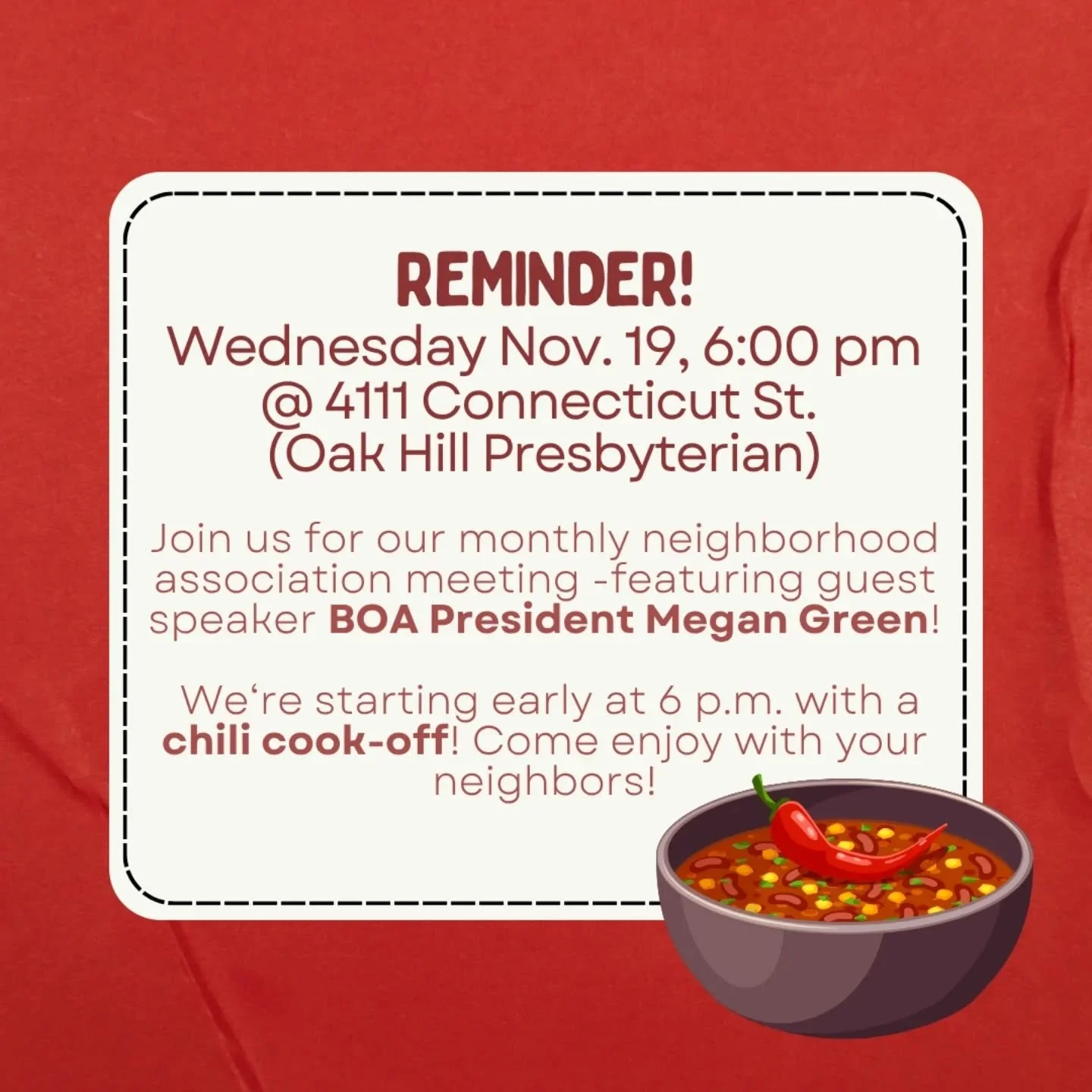 Join us Wednesday (11/19) for our TGS Neighborhood Association meeting! All are welcome. We are gathering early at 6 p.m. for a chili cook-off!

This month's meeting will also feature a Q&amp;A with St. Louis Board of Aldermen President Megan Green. 