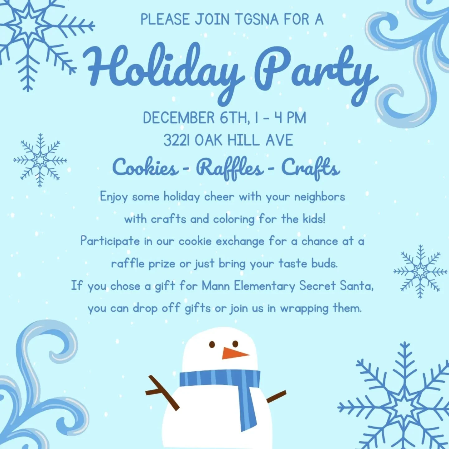 All are welcome at the Tower Grove South Neighborhood Association annual holiday party!

Join us Dec. 6th, 1 - 4 p.m. at&nbsp;3221 Oak Hill Ave for cookies, cider, and holiday cheer! If you bring cookies to exchange, you'll be entered into a raffle.W